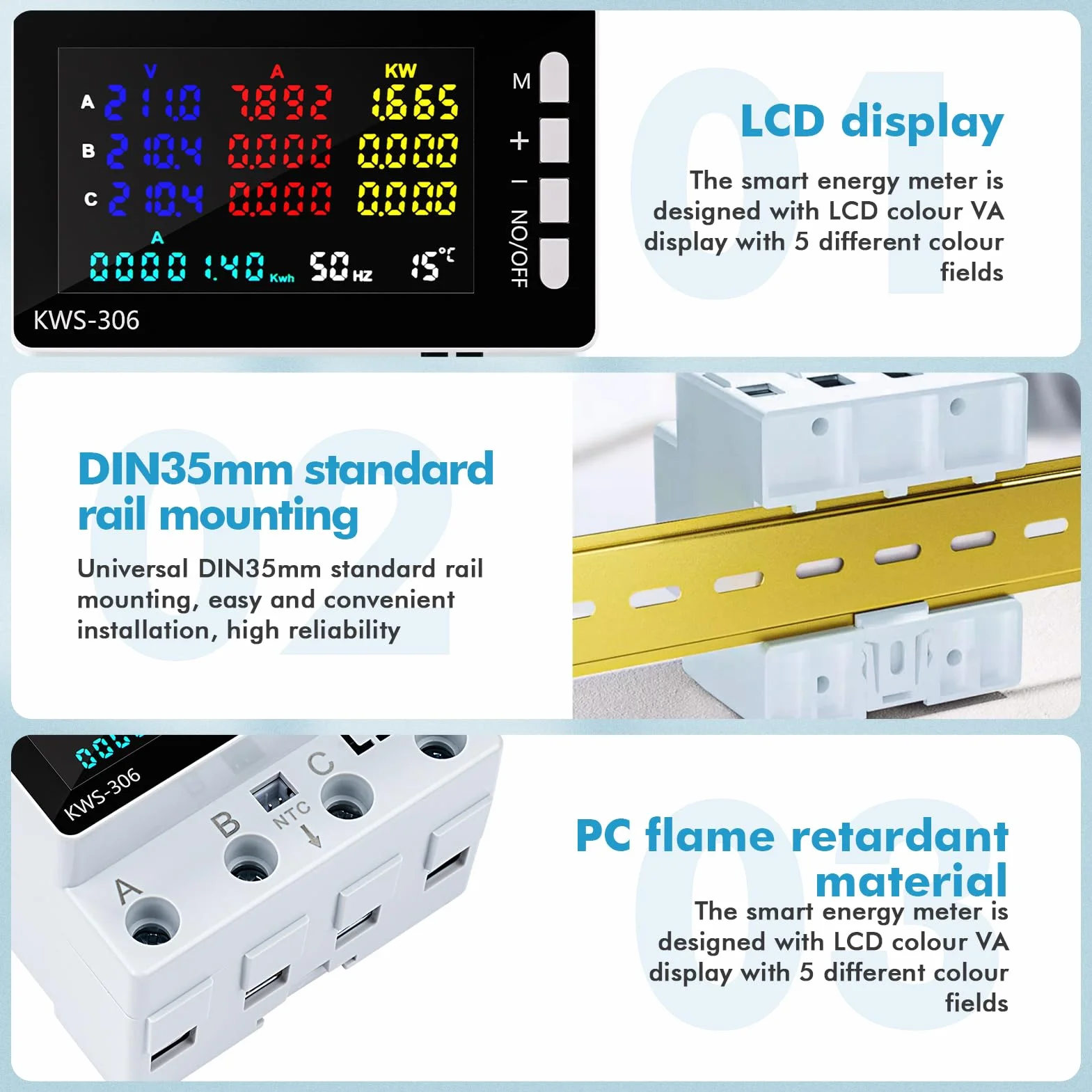 Compteur Électrique Triphasé 80A 220V CA 4 Fils, Wattmètre Numérique DIN Rail, Protection Surtensions