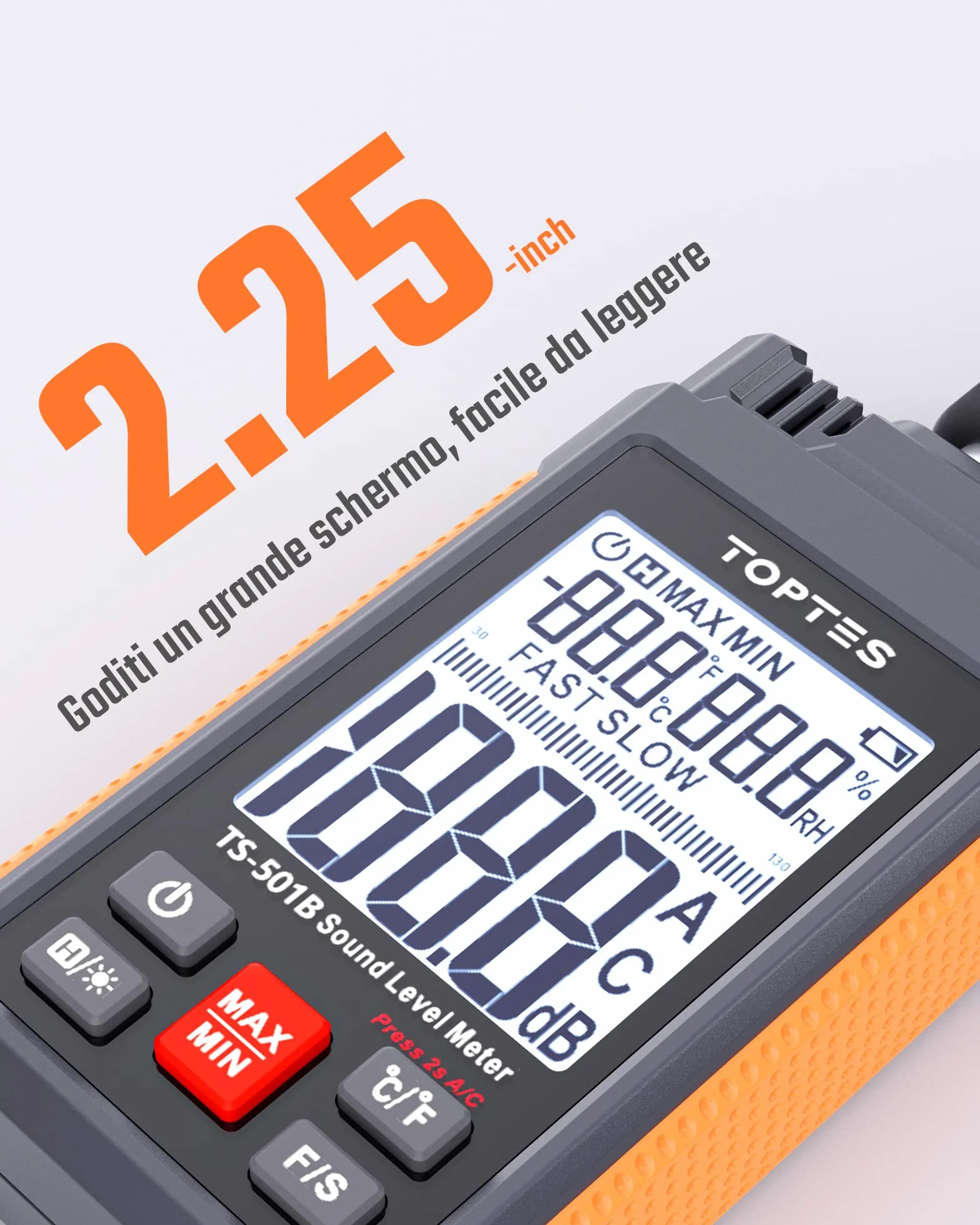 TopTes TS-501B Sonomètre Décibelmètre LCD rétroéclairé 2,25 pouces 30-130 dB pondéré A/C MAX/MIN Orange