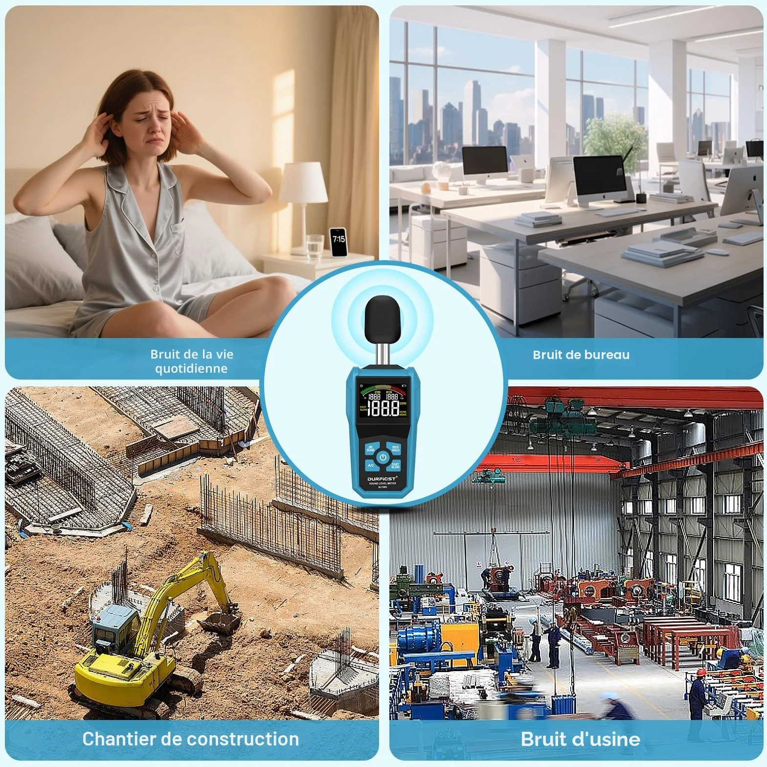 Sonomètre DURFICST Decibelmetre dB SONE Commutation Rapide Écran Couleur LCD Rétroéclairage Pondéré A/C