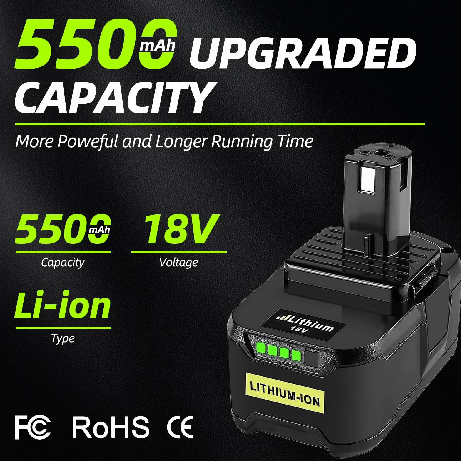 Batteries 5500mAh 2x pour Ryobi 18V One+ et Chargeur Double Port Compatibles P108 RB18L50