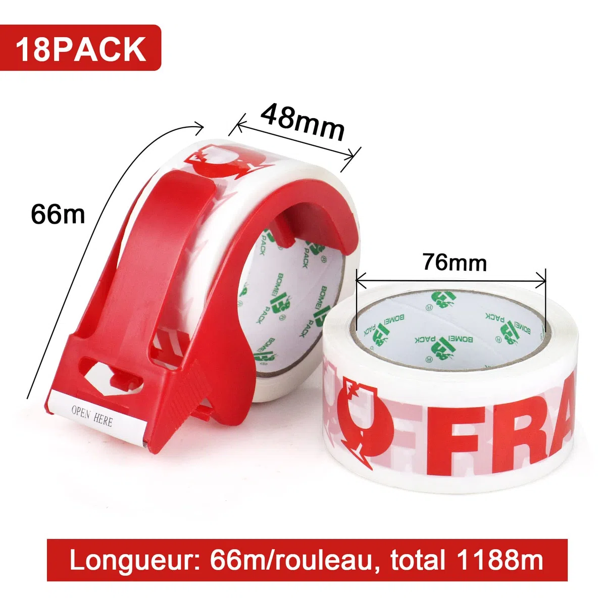 BOMEI PACK 18 Rouleaux Ruban Adhésif Fragile 48 mm x 66 m avec dévidoir