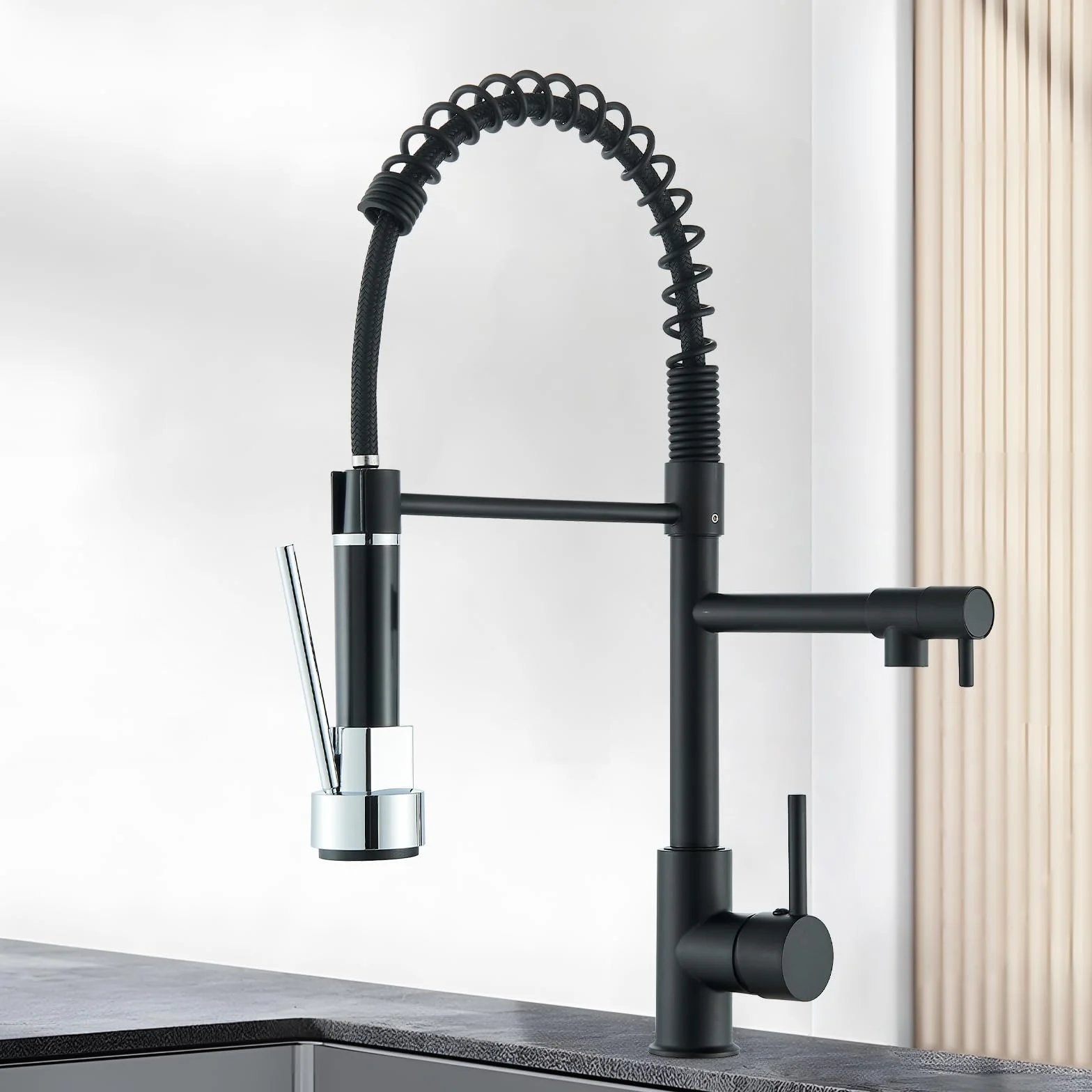 Robinet de Cuisine Noir Mitigeur Deux Jets Douchette Flexible Pivotante Rétractable Bec Haut Arc Élevé Rotatif 360°