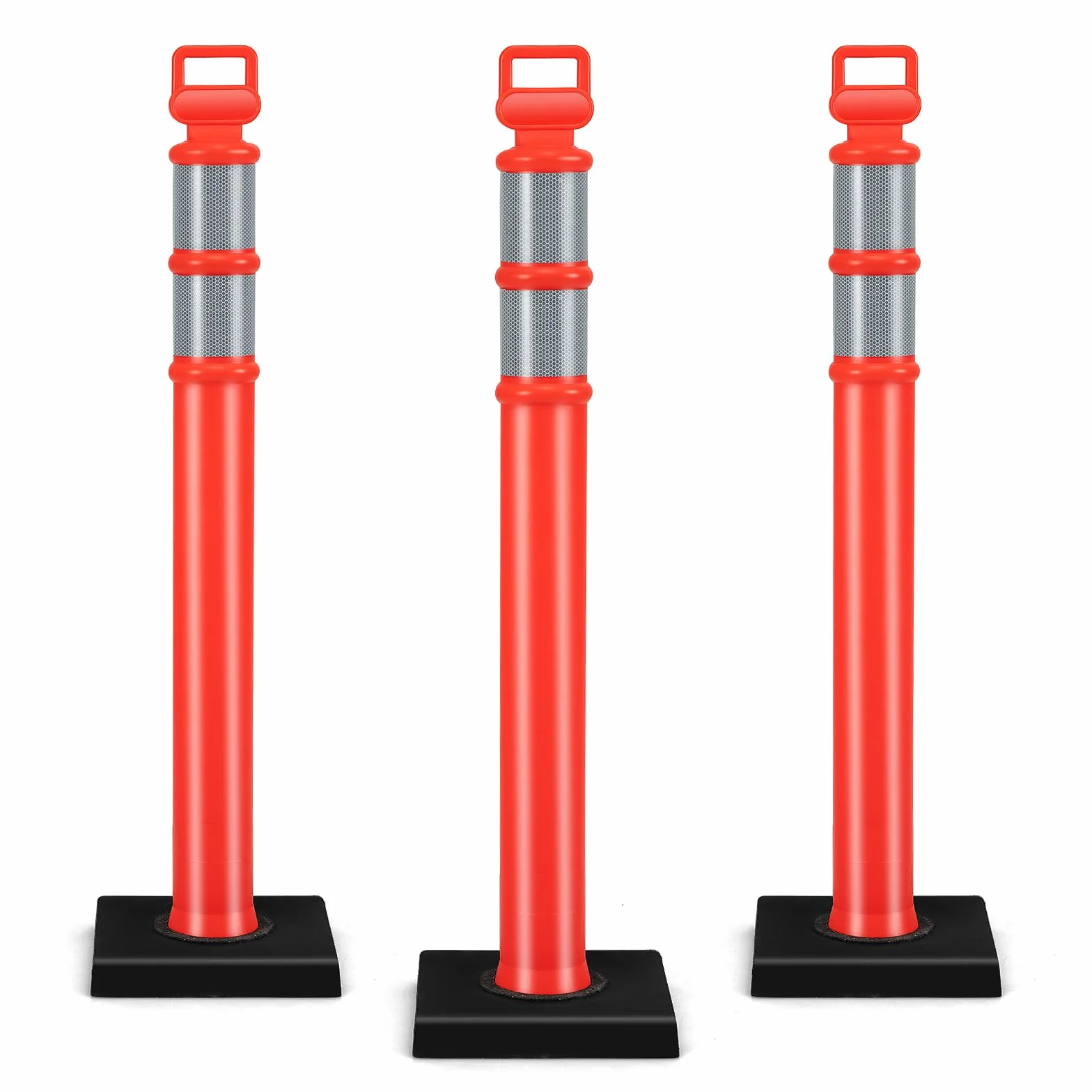 COSTWAY Poteau de Signalisation 3 Pcs Base en Caoutchouc 114,5 CM, Barrière de Sécurité Rouge Vif