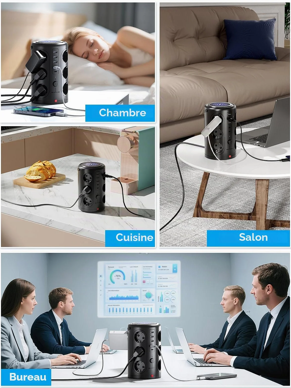 Tour Multiprise Parafoudre 12 Prises 5 USB 2M Cordon Noir
