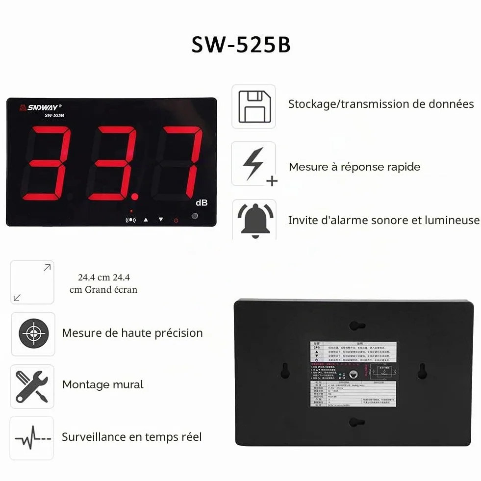 Sonomètre 30~130 dB écran LCD 9,6" SW-525B mesure du bruit avec alarme