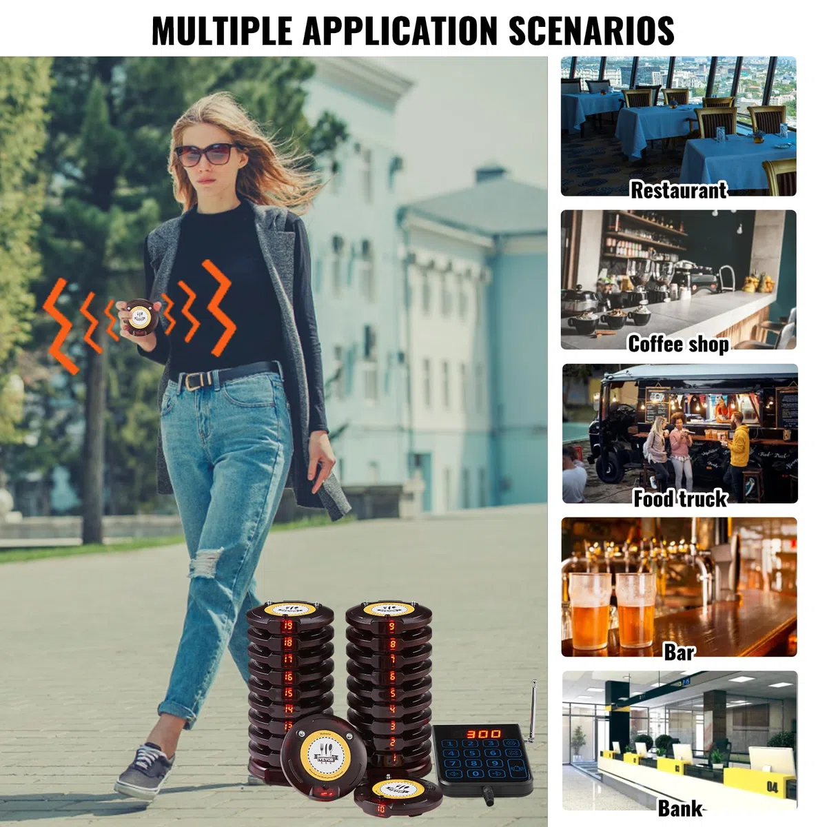 VEVOR Système de Téléavertisseur Restaurant sans Fil 500 m 20 Buzzers Vibration Clignotant