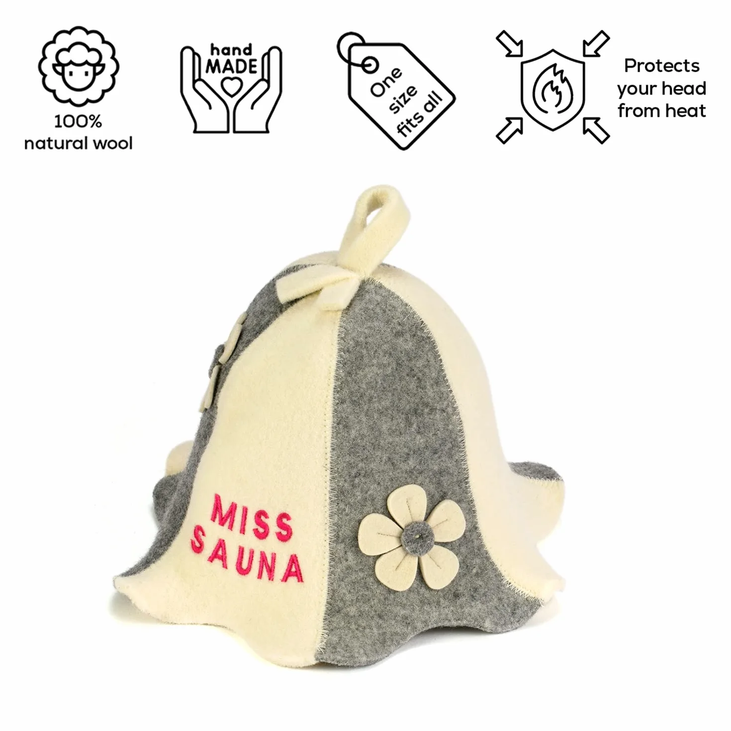 Chapeau de sauna blanc feutre de laine bio pour bania russe avec broderie