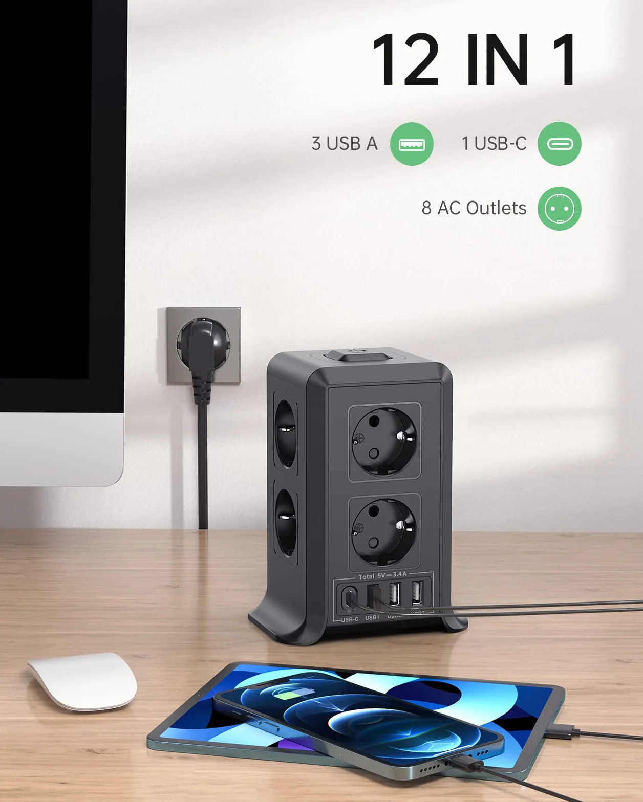 Multiprise 8 Prises 4 USB Parafoudre Surtension 2M Câble