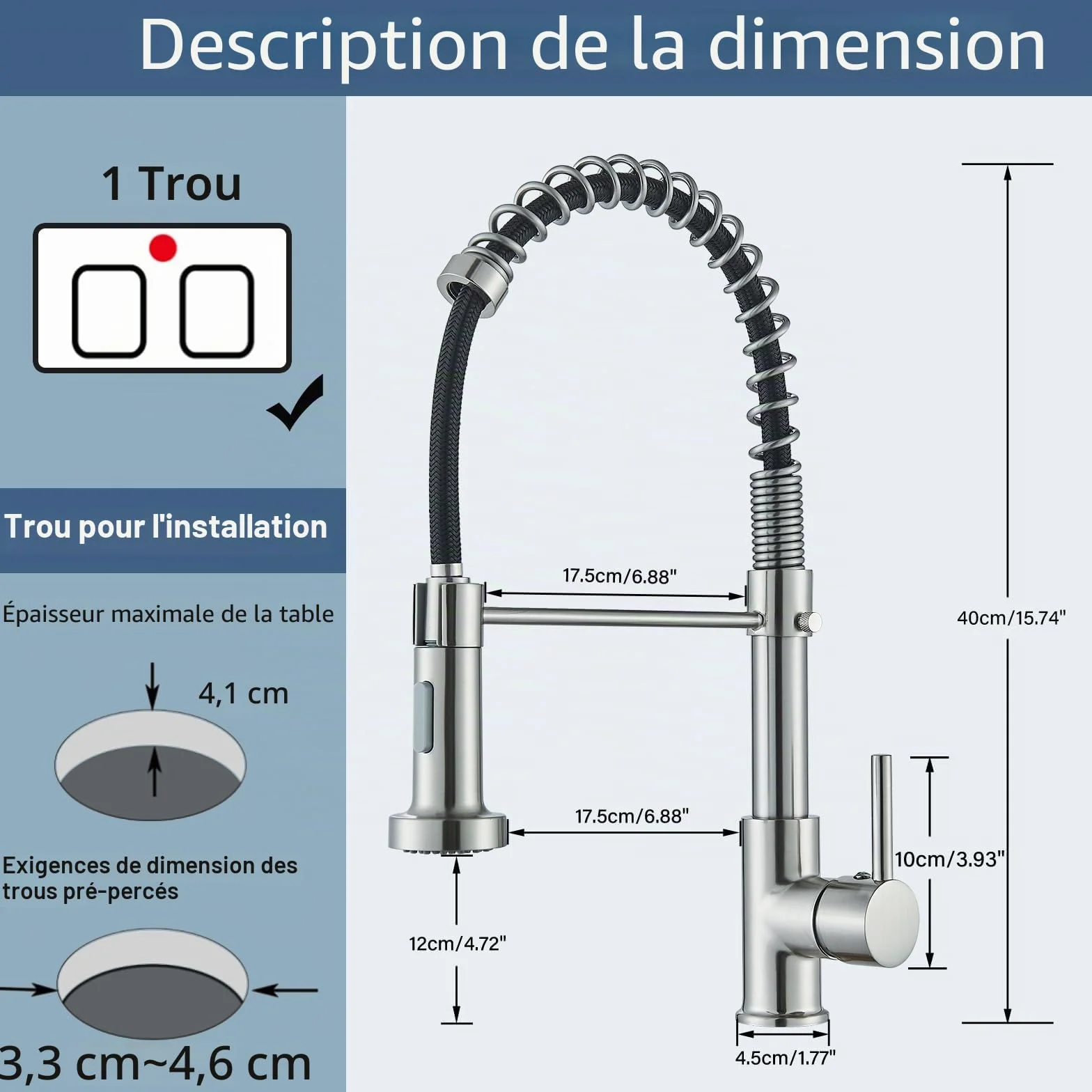 JUNSHENG Robinet de cuisine extractible, mélangeur acier inoxydable haute pression pivotant 360°, nickel brossé