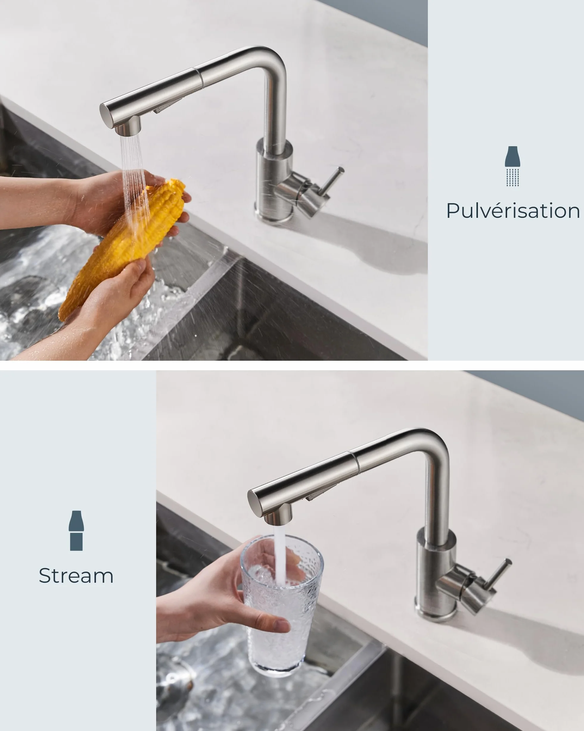 FORIOUS Robinet Cuisine Mitigeur avec Douchette Extractible 2 Modes Pivotant 360° Acier Inoxydable
