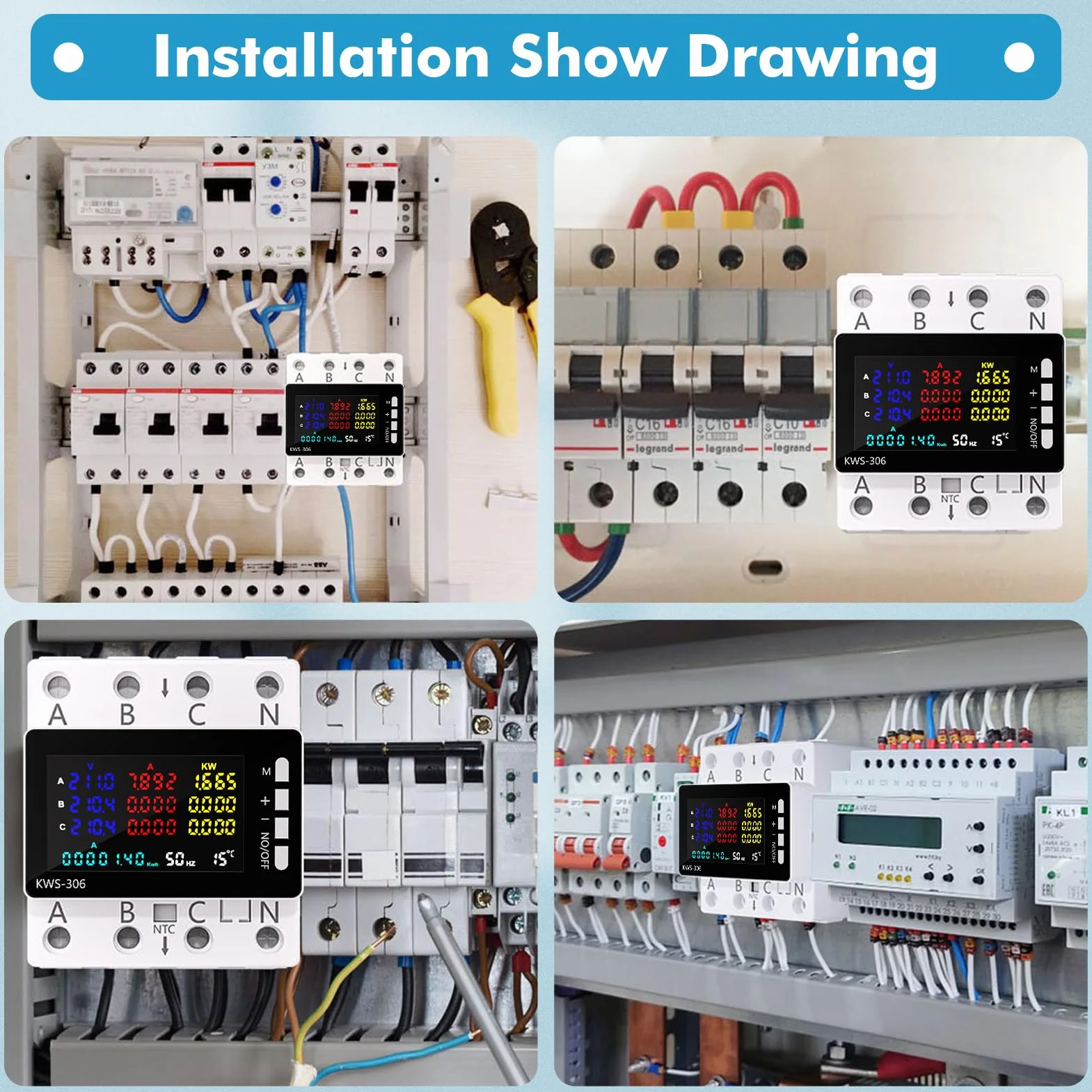 Compteur Électrique Triphasé 80A 220V CA 4 Fils, Wattmètre Numérique DIN Rail, Protection Surtensions
