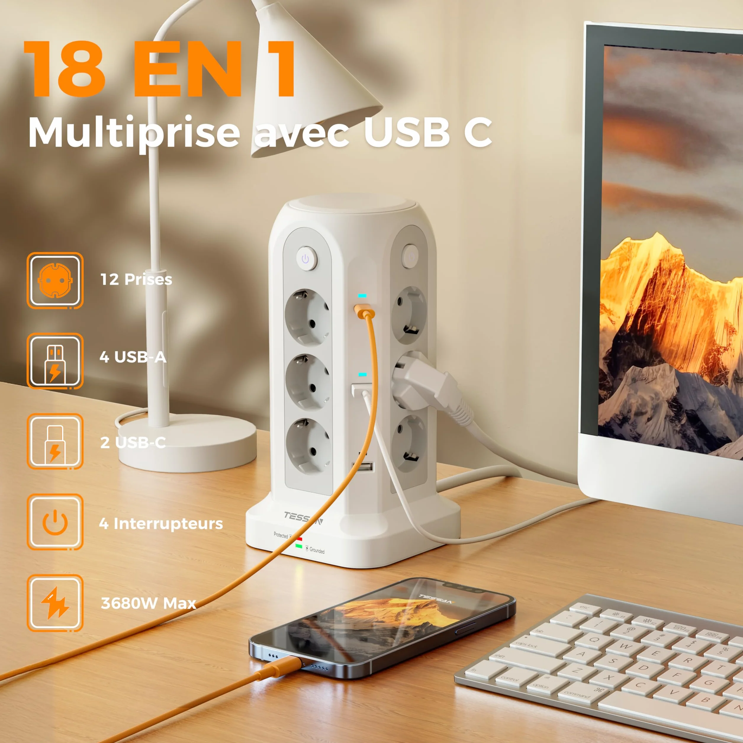 TESSAN Tour Multiprise avec Interrupteur, 12 Prises 6 USB (4A2C) 2m, Parafoudre 3680W Gris