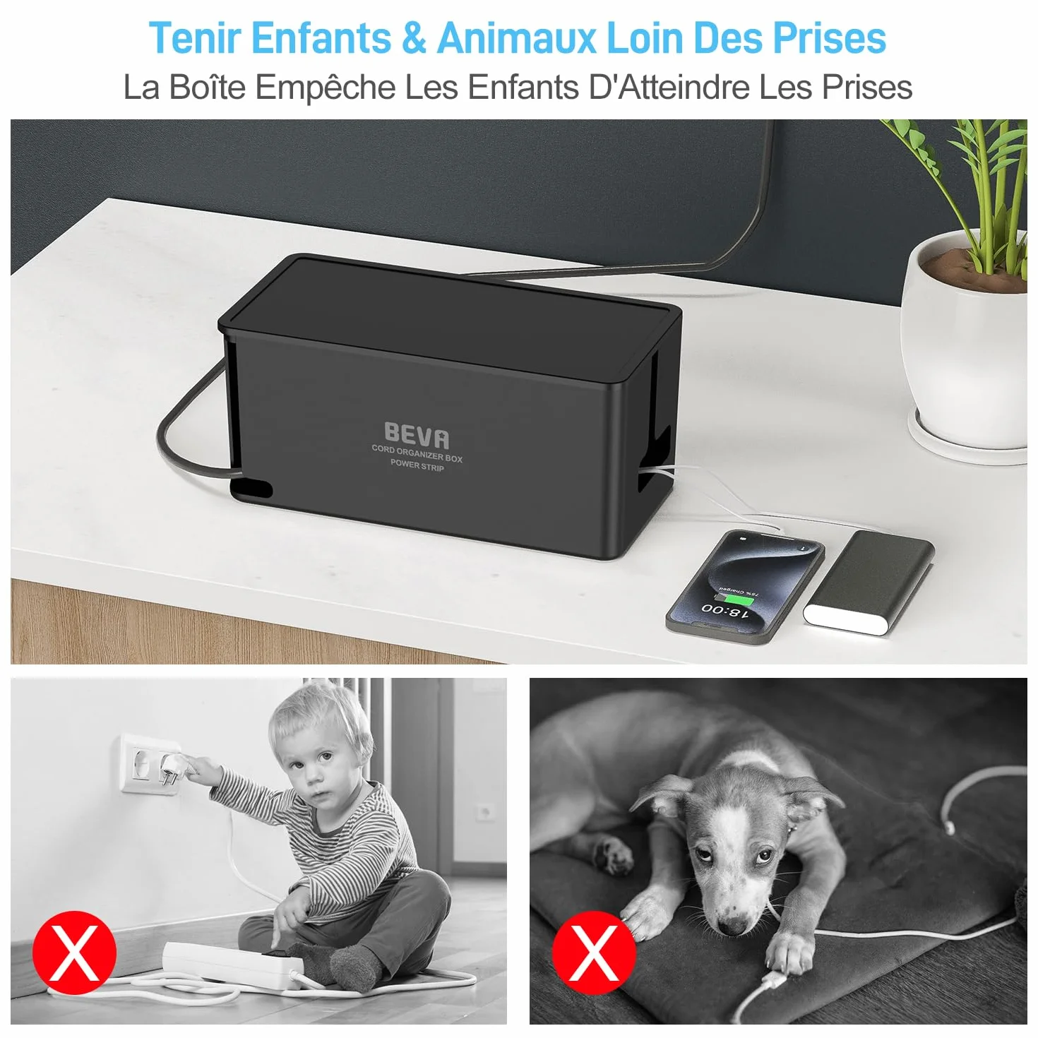 BEVA Multiprise Cachée 2M 1050J Parafoudre Surtension 6 Prises USB 3 USB-A 1 USB-C 15W Noir