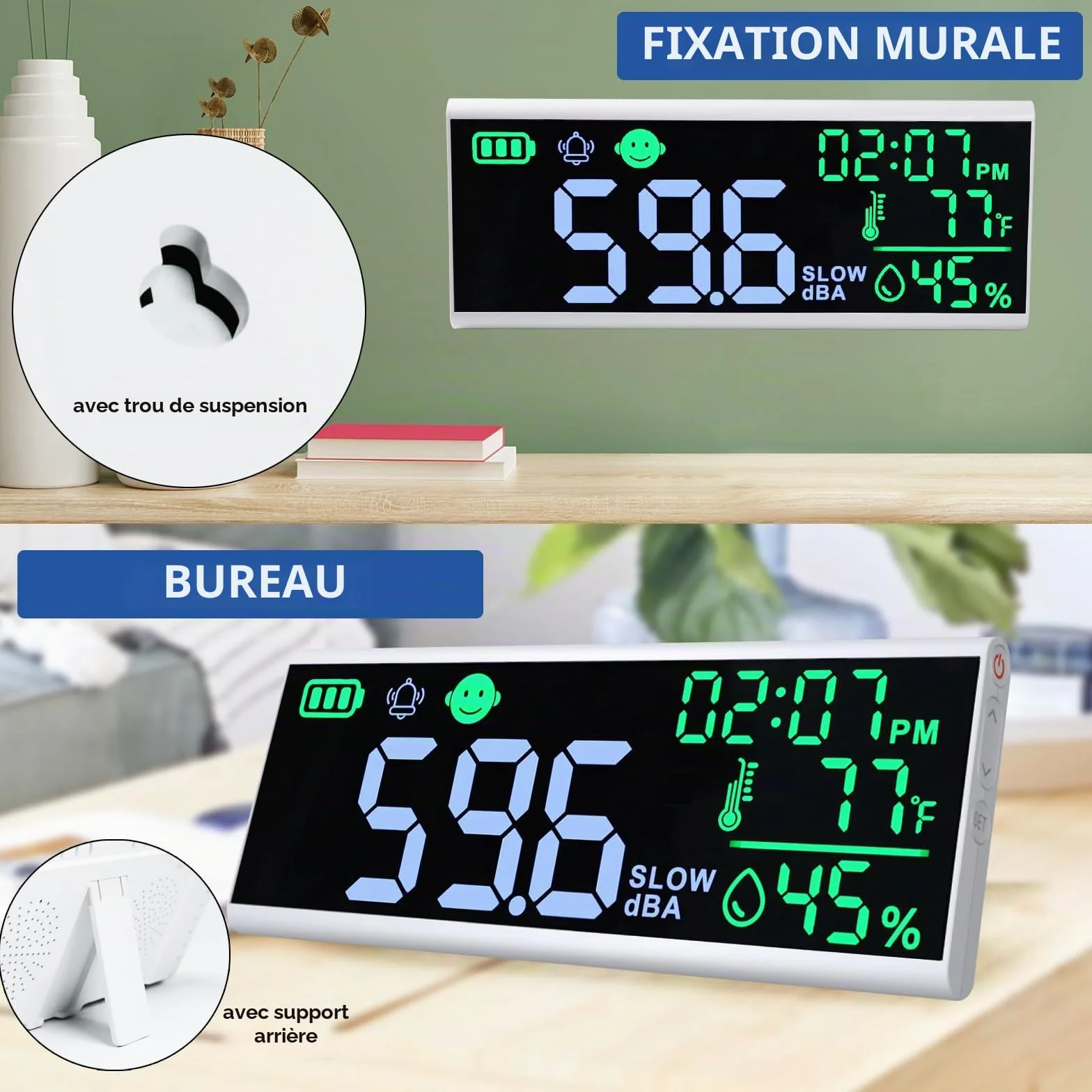 Compteur de décibels 13 pouces - Sonomètre mural et de table avec affichage LED, alarme sonore