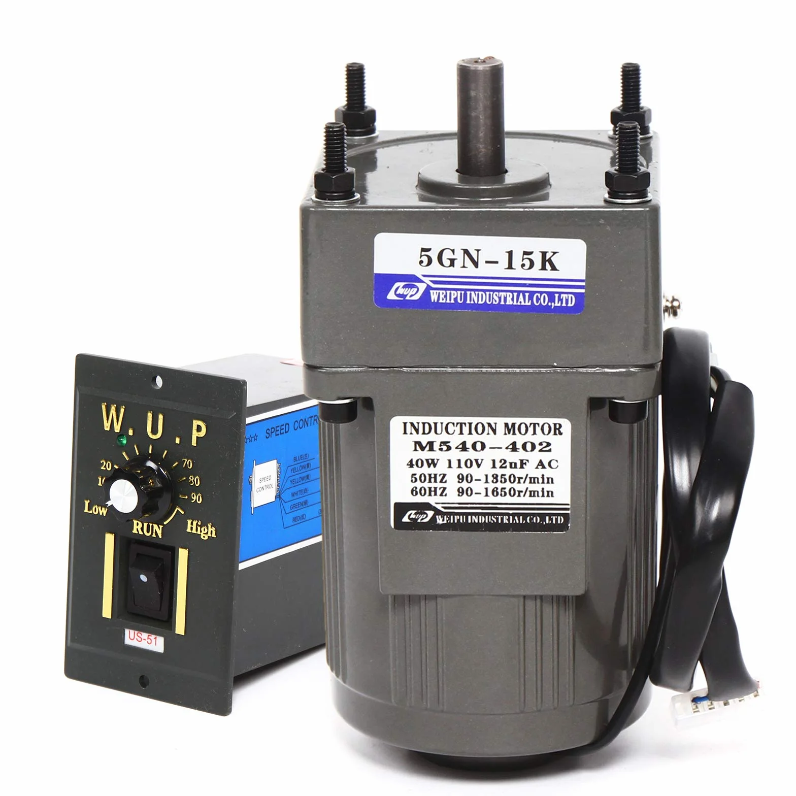 Motoréducteur électrique 40W 15K, Moteur à Engrenages avec Contrôleur de Vitesse 0-90rpm Monophasé