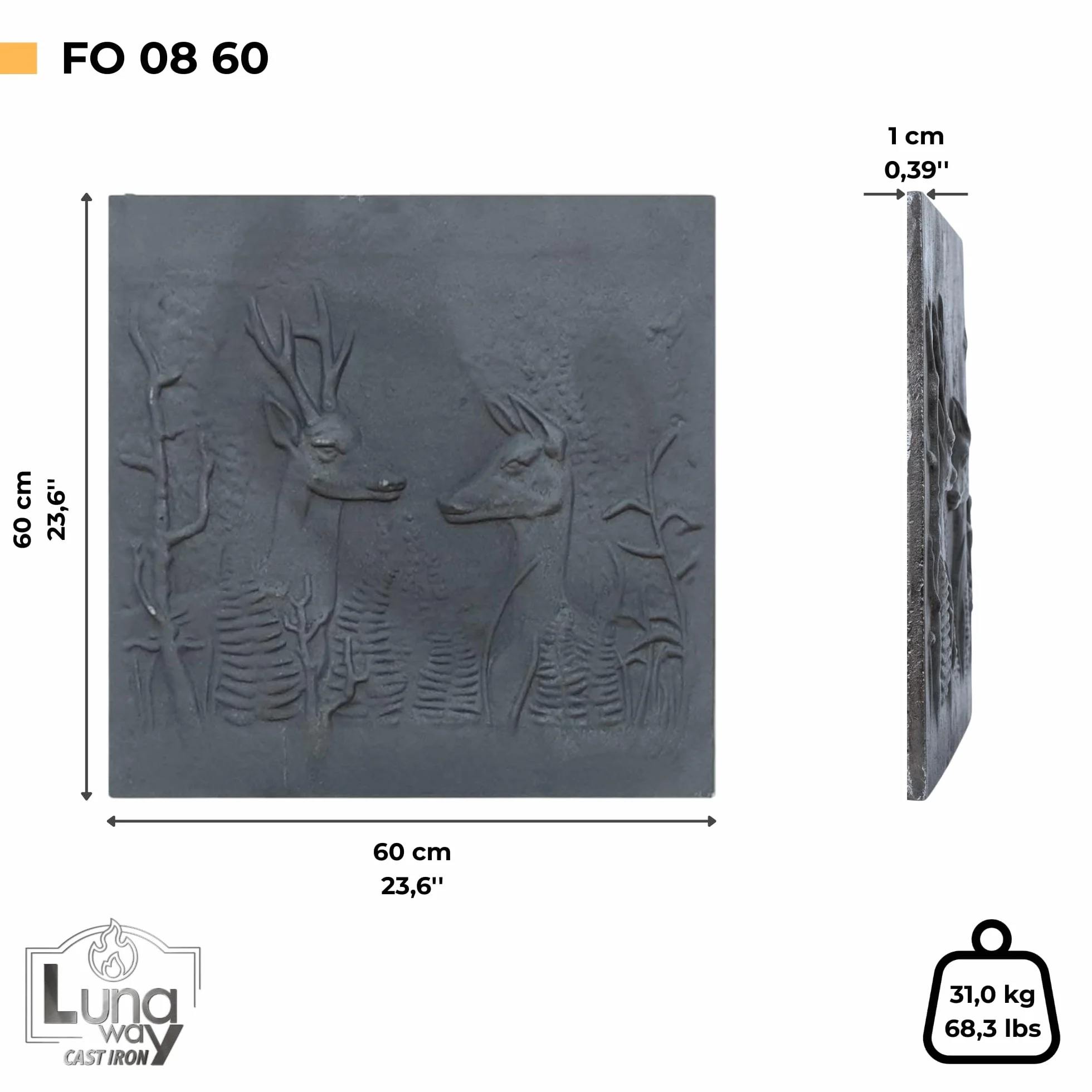 Plaque décorée faîtres en Fonte pour cheminée 60 x 60 cm Èp. 1 cm