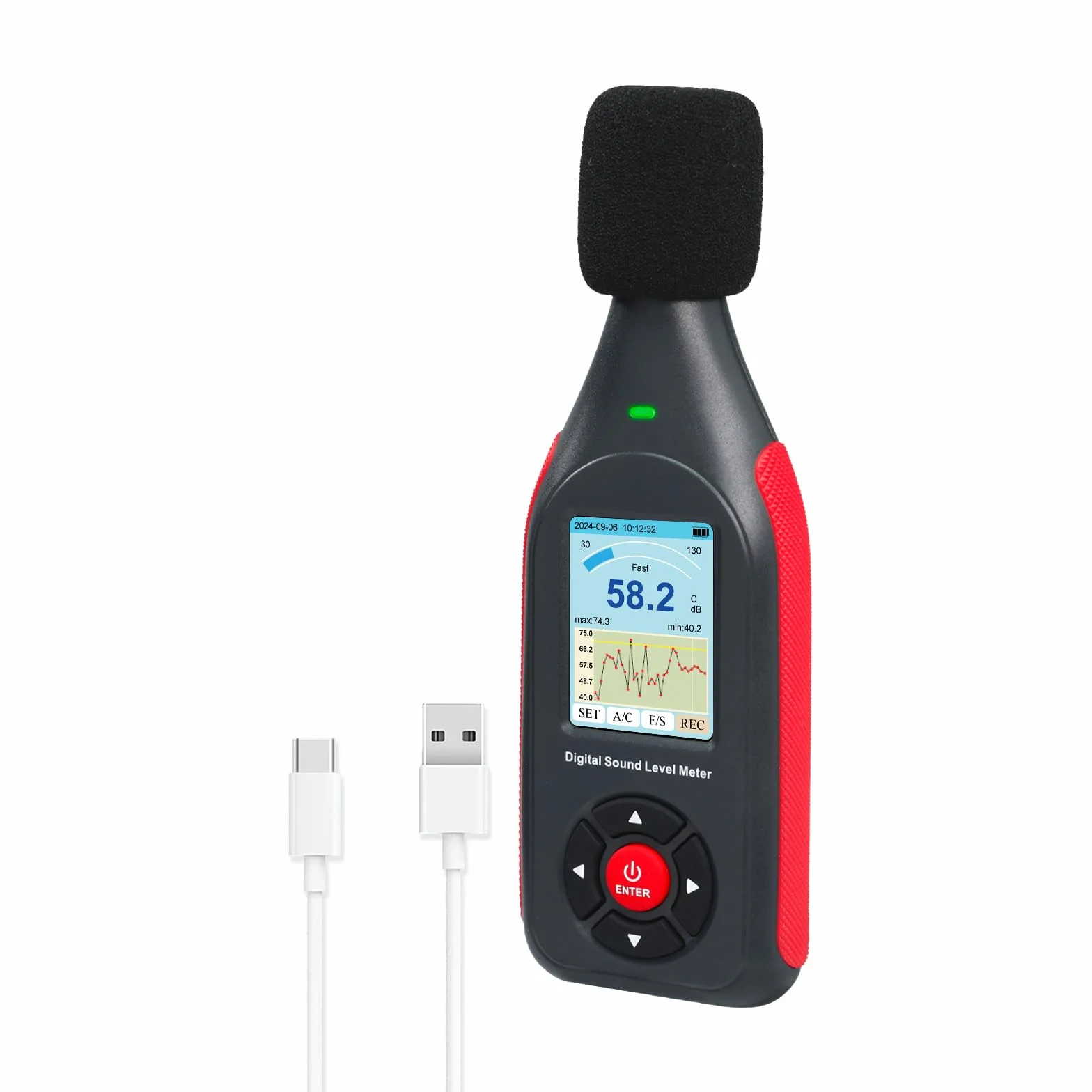 Sonomètre Décibelmètre Datalogger avec Pondération A/C, Réponse Rapide/Lente, 43000 Enregistrements, USB/PC, Alarme LED Tricolore