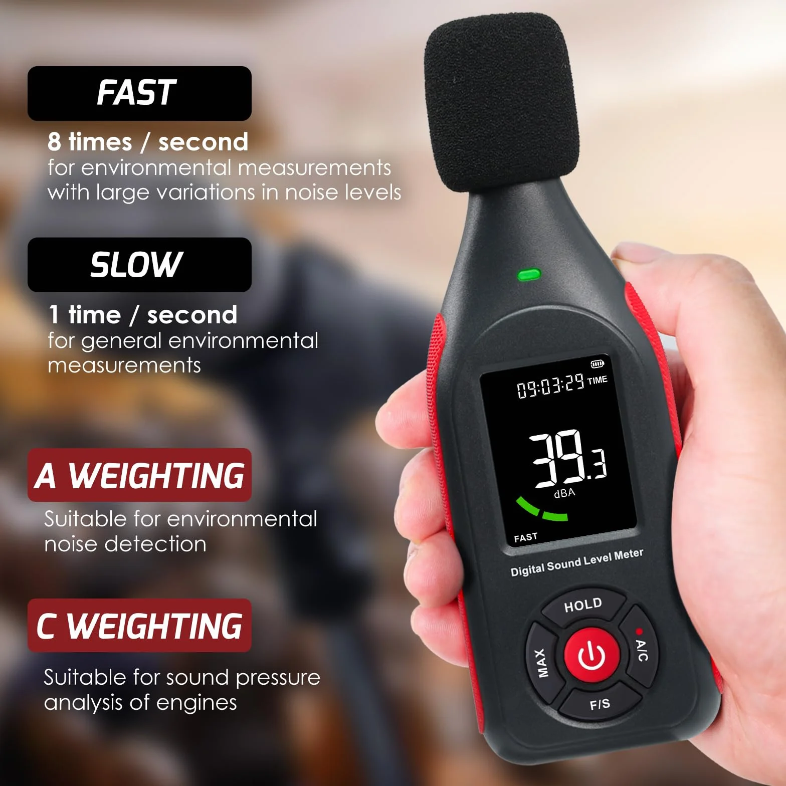 Décibelmètre Professionnel 30dB à 130dB MAX Data Hold Numérique SPL dB Meter avec Alarme et Rechargeable