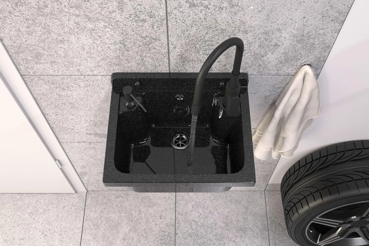 Évier extérieur Buanderie Lavabo extérieur siphon polypropylène noir GRANITAN