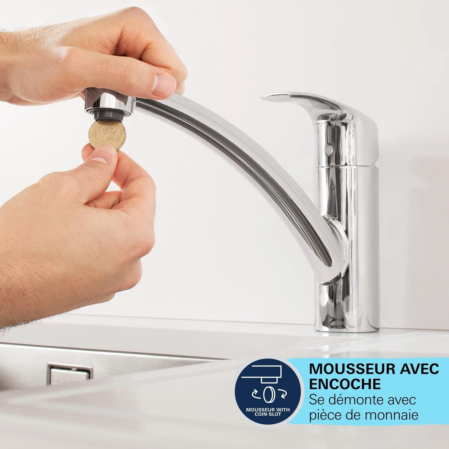 GROHE StartEco Mitigeur Monocommande Évier, Robinet Cuisine, Bec Bas, Rotation 140°, Chromé