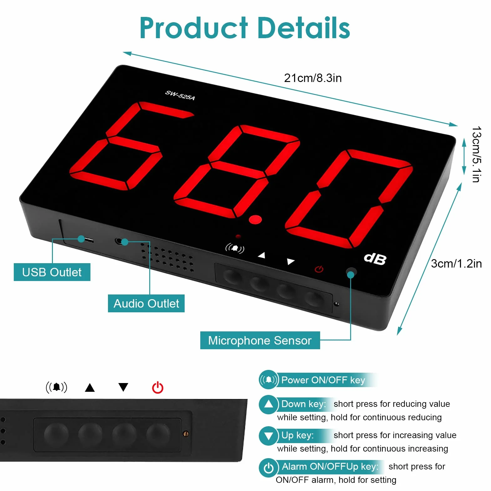 Sonomètre Numérique SW-525A 30~130dB Monté au Mur avec Affichage LCD Seuils d'Alarme USB