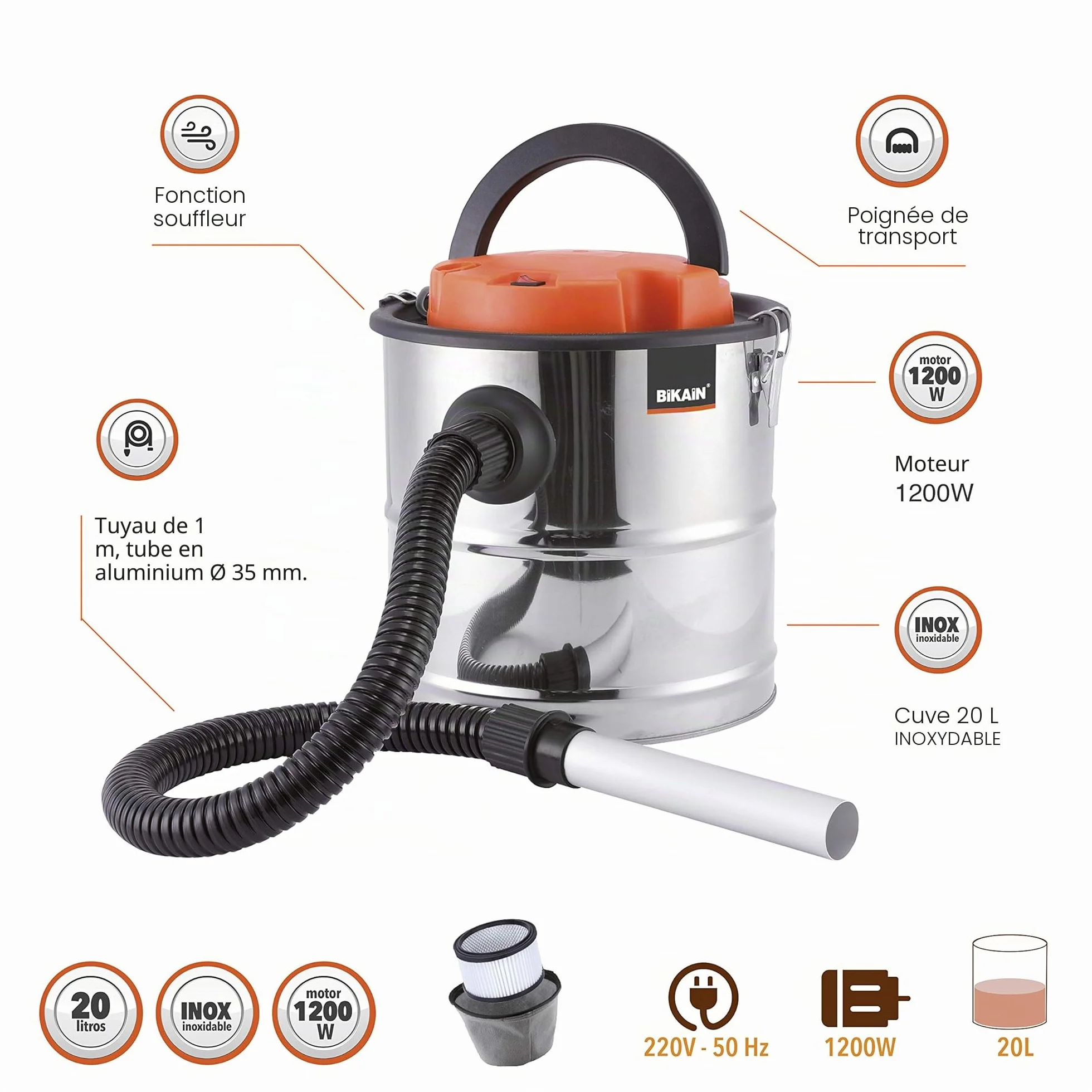 Aspirateur à Cendres 1200W 20L Acier Inoxydable avec Fonction Soufflerie Bikain
