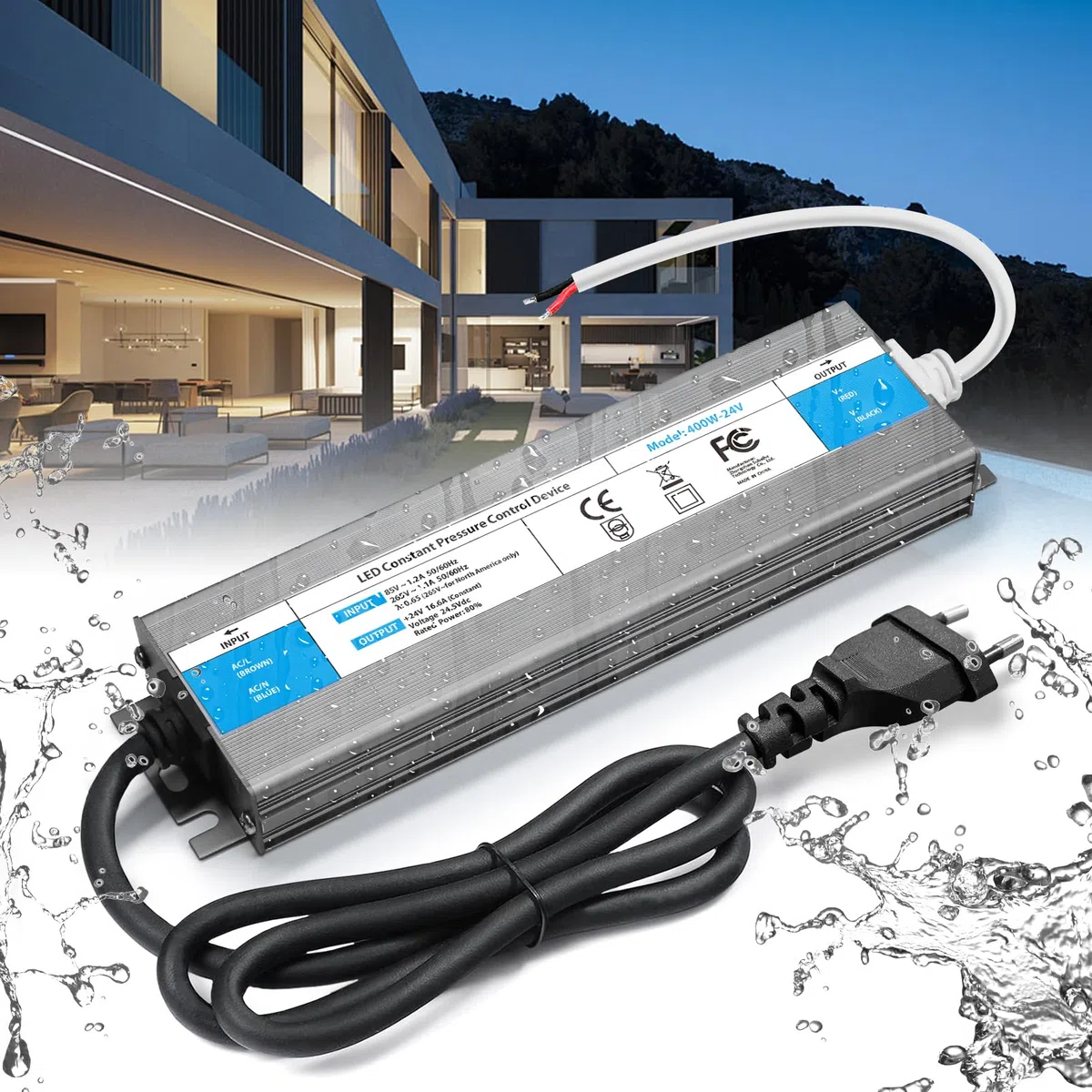 Transformateur 220V à 24V 400W DC LED Driver IP67 Étanche Extérieur 16.6A