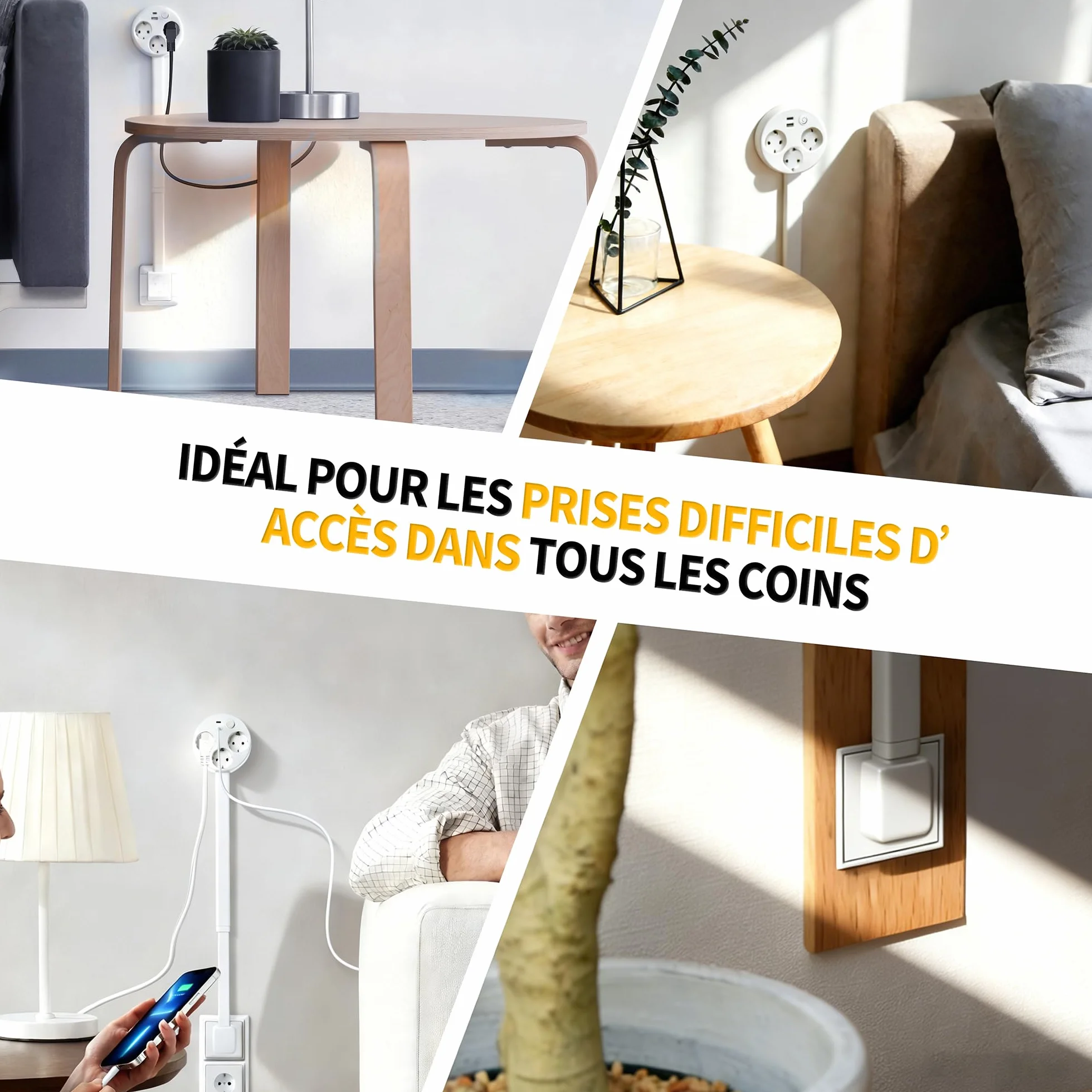 Multiprise Extensible et Pivotante 3 Prises USB-A Type-C 5V/2.1A Tige Réglable 47-67 cm Rotation 360°