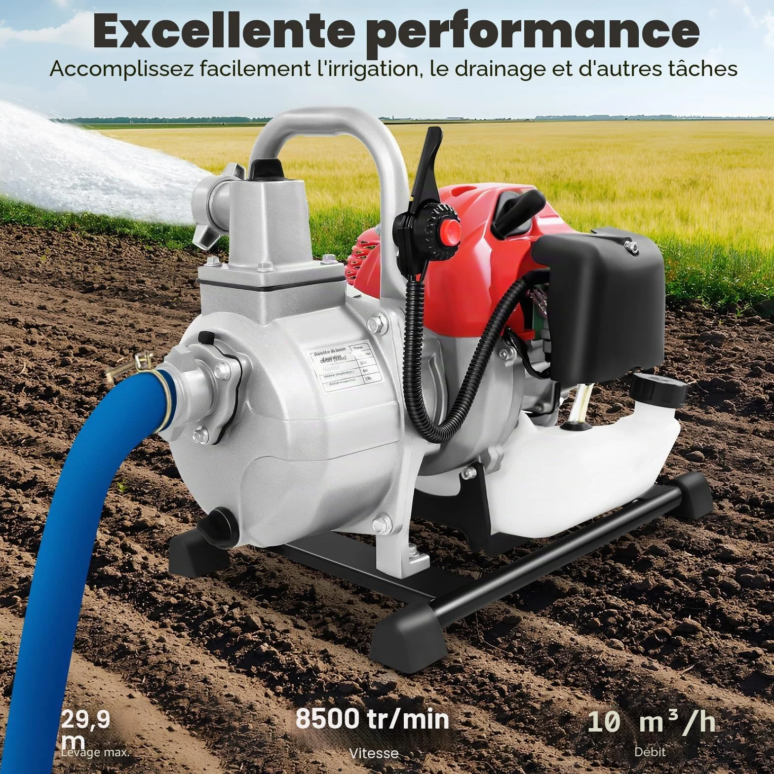 Pompe à eau essence 1,7 CV 1 pouce moteur 2 temps base métal hauteur extraction 30 m