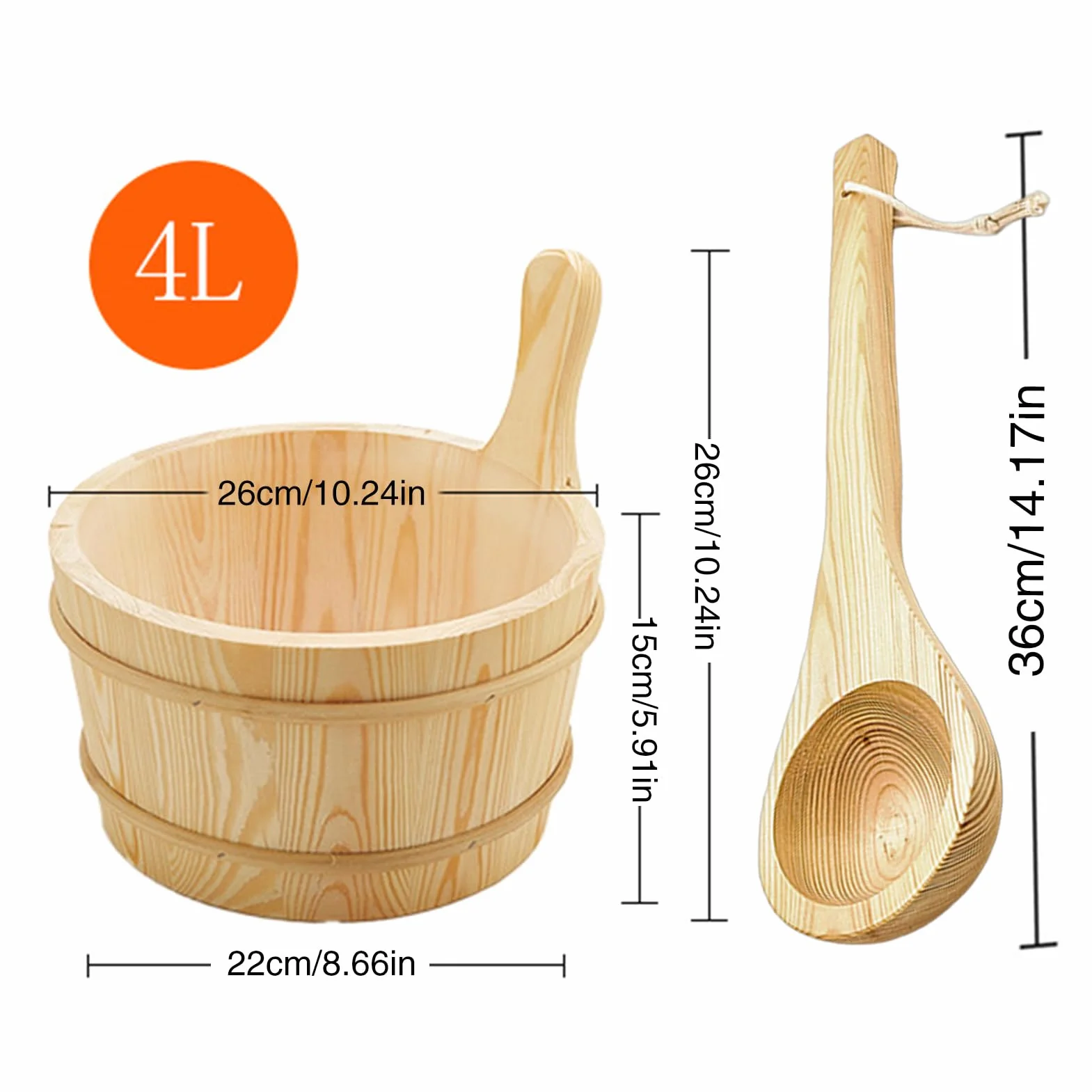 Seau à sauna en bois 4 l avec longue cuillère - Accessoires de bain
