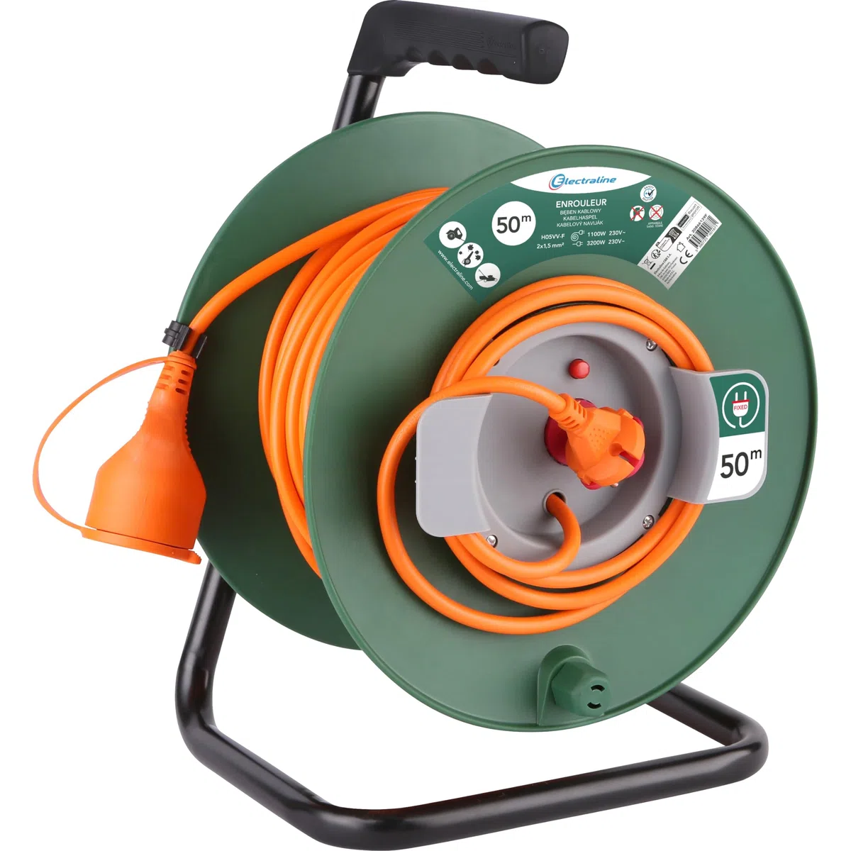 Electraline Rallonge Prolongateur Jardin 50m avec Enrouleur 16A Section 2x1,5mm² Orange/Vert Prise Type C/EF 2 Broches EU