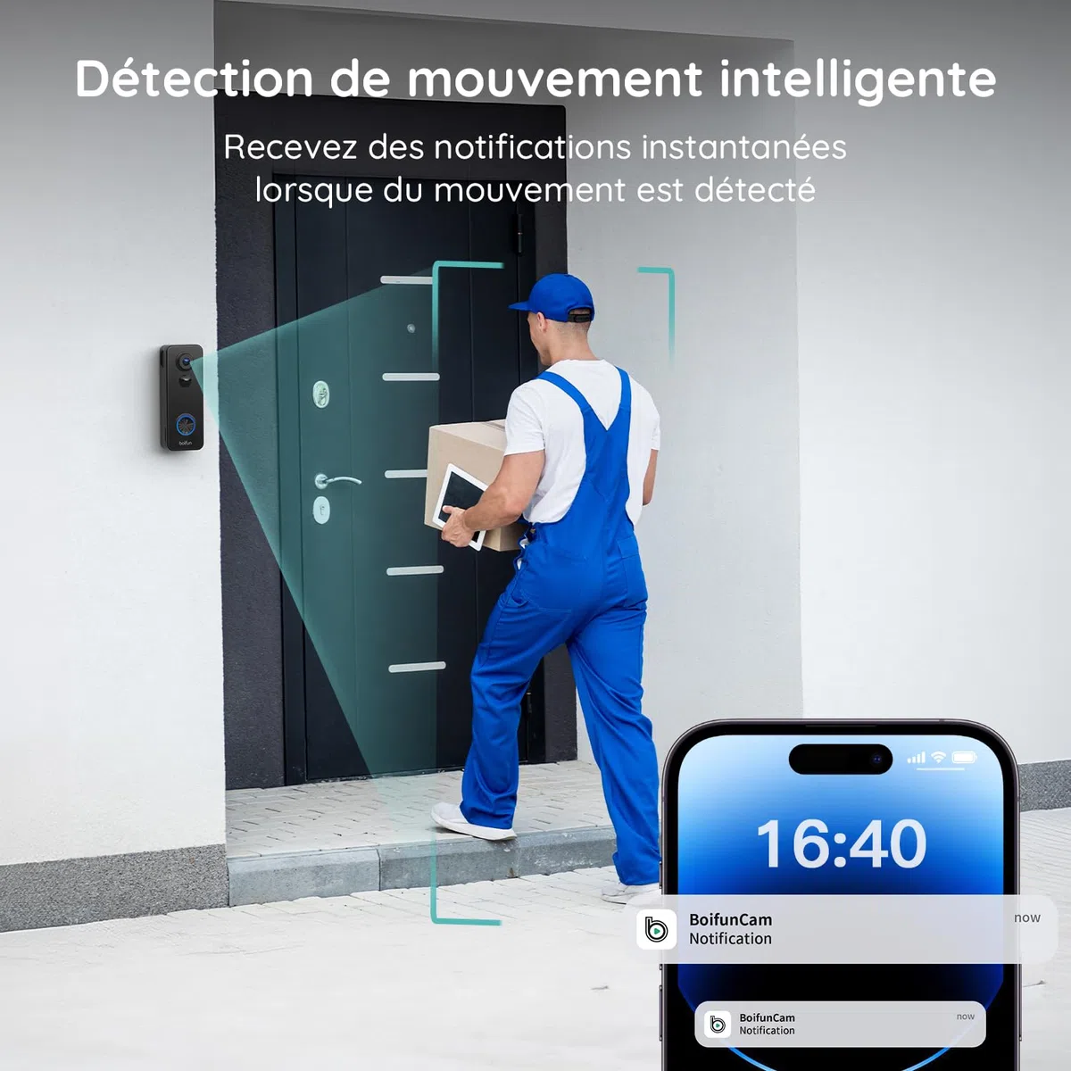BOIFUN 2K 3MP Sonnette sans Fil Exterieur IP65 Etanche Vue Panoramique 180° Détection IA Compatible Alexa Wi-Fi 2,4 GHz