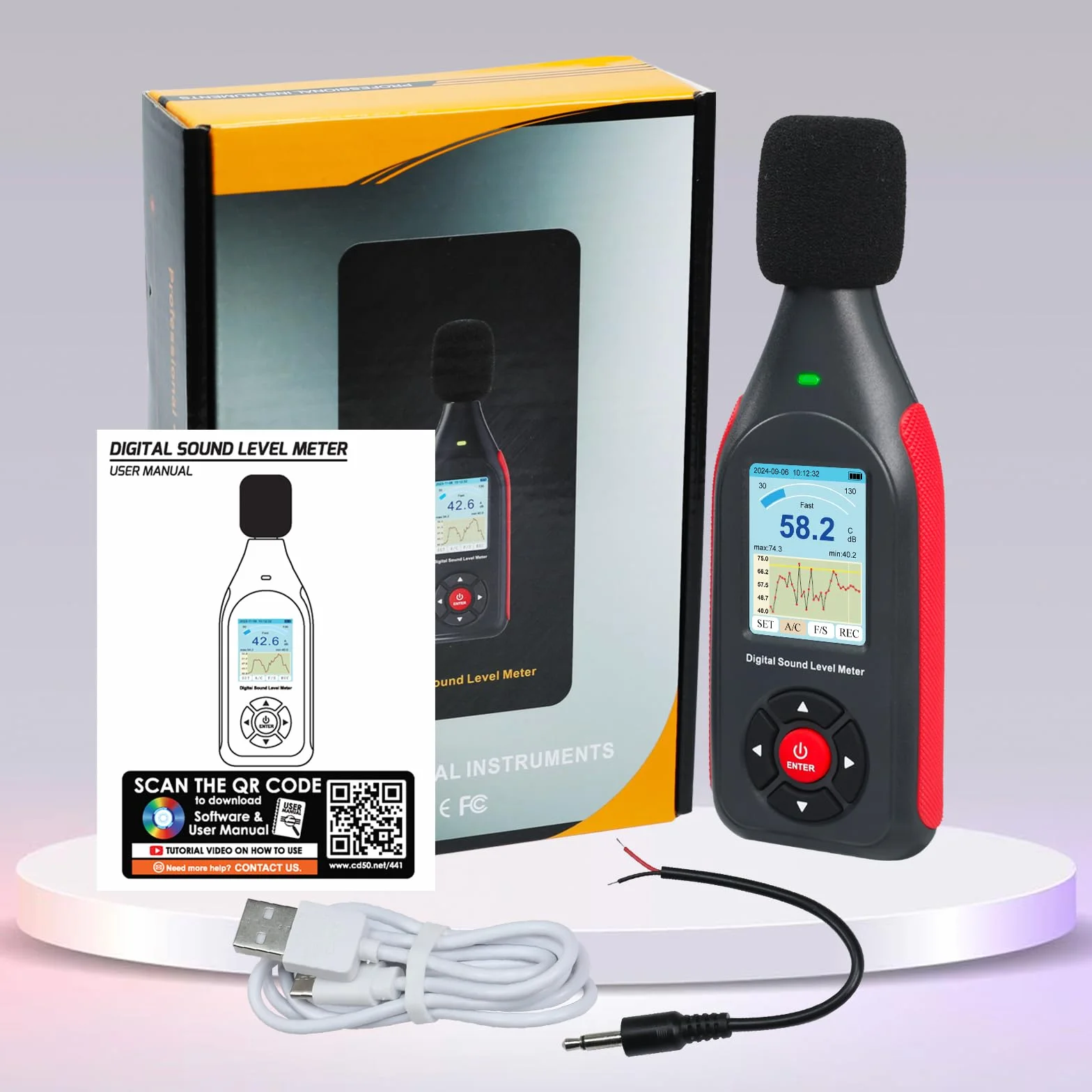 Décibelmètre numérique avec enregistreur de données, niveau sonore rechargeable, fréquence A/C, sortie CC