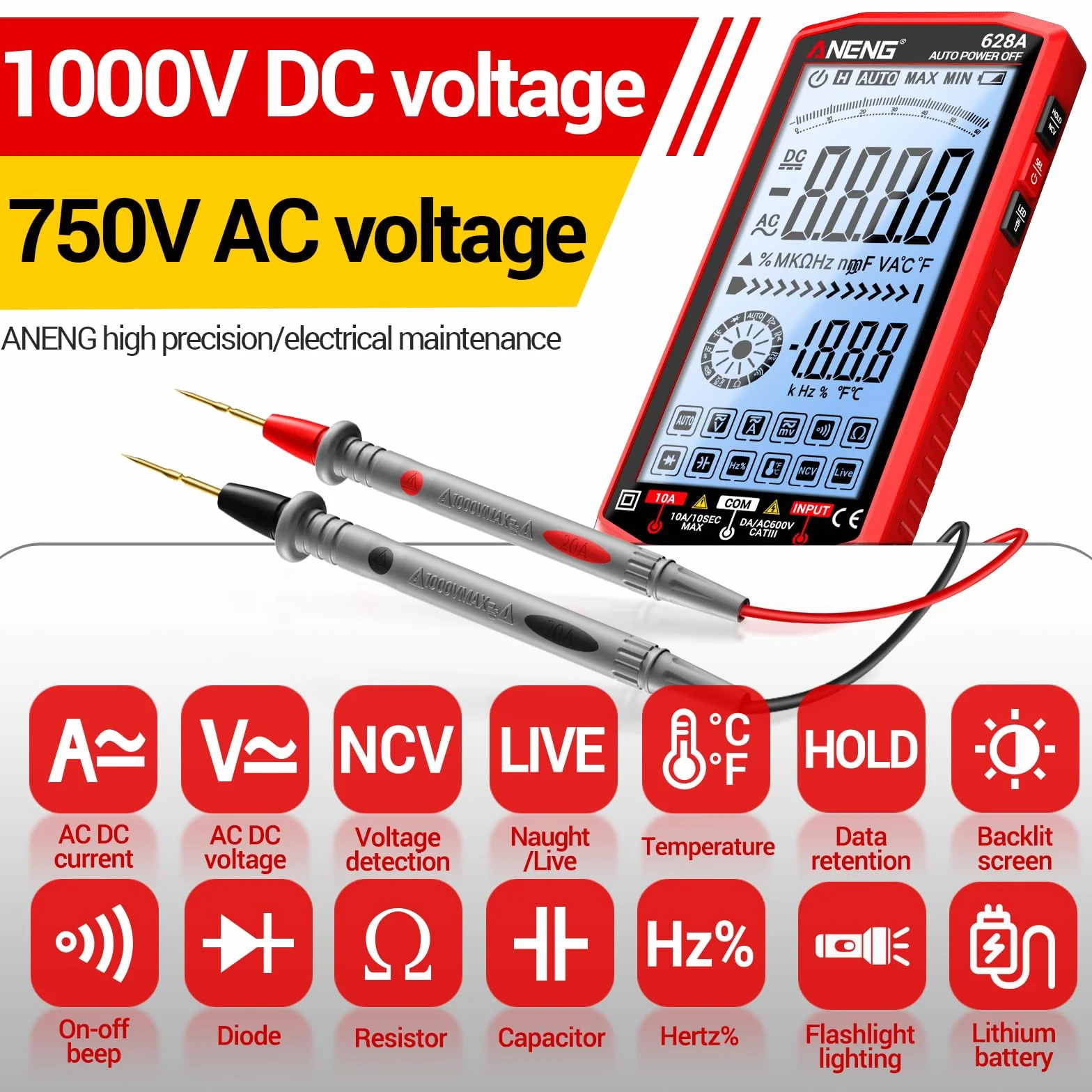 ANENG Multimètre Numérique Rechargeable 6000 Points Mesure Tension AC/DC Courant Résistance Capacité Température Hertz NCV Diode Continuité