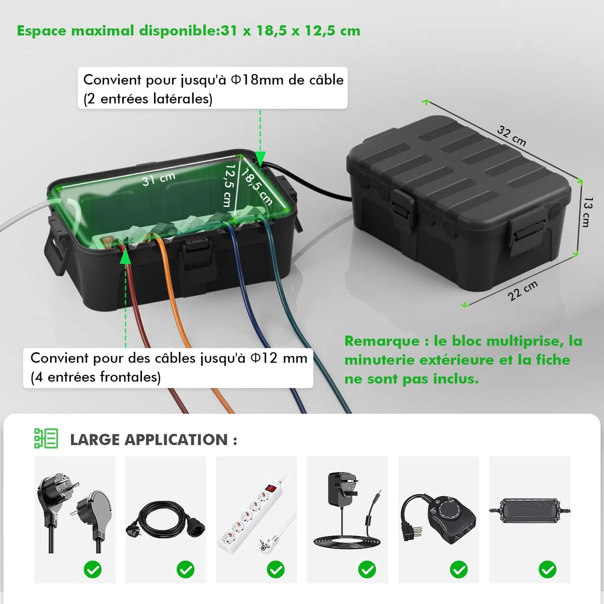 RESTMO Boîte Protection Étanche IP54 Extra Large 32x22x13cm pour Multiprise Extérieure 6 Entrées/Sorties Résistante UV Noir