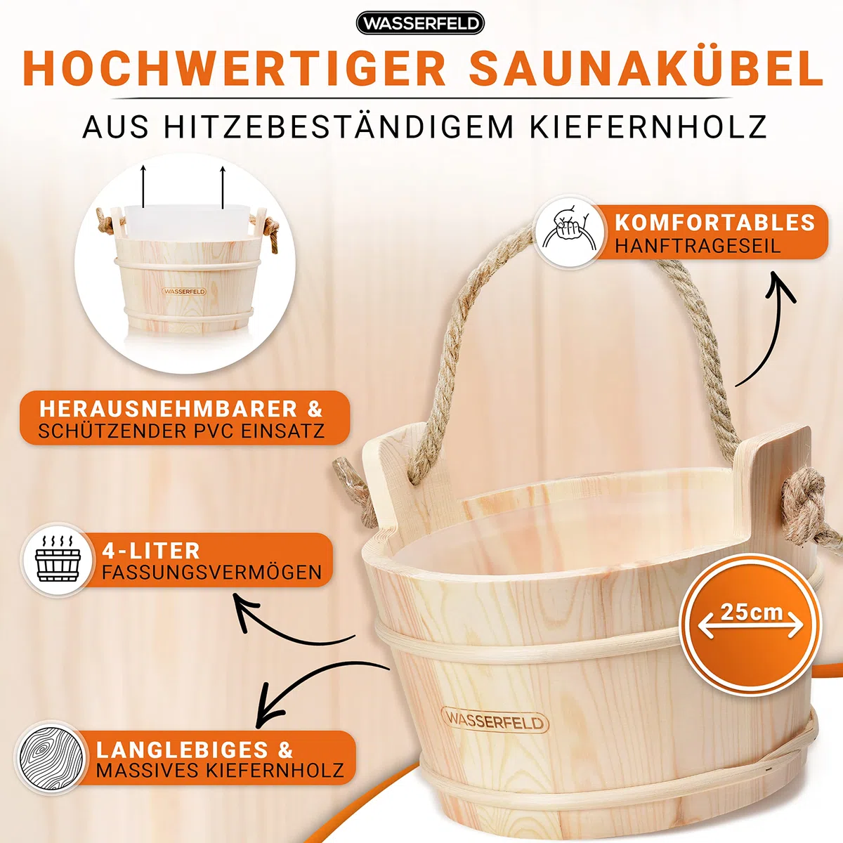 WASSERFELD® Seau de sauna 4 litres avec truelle, sablier, thermomètre et hygromètre