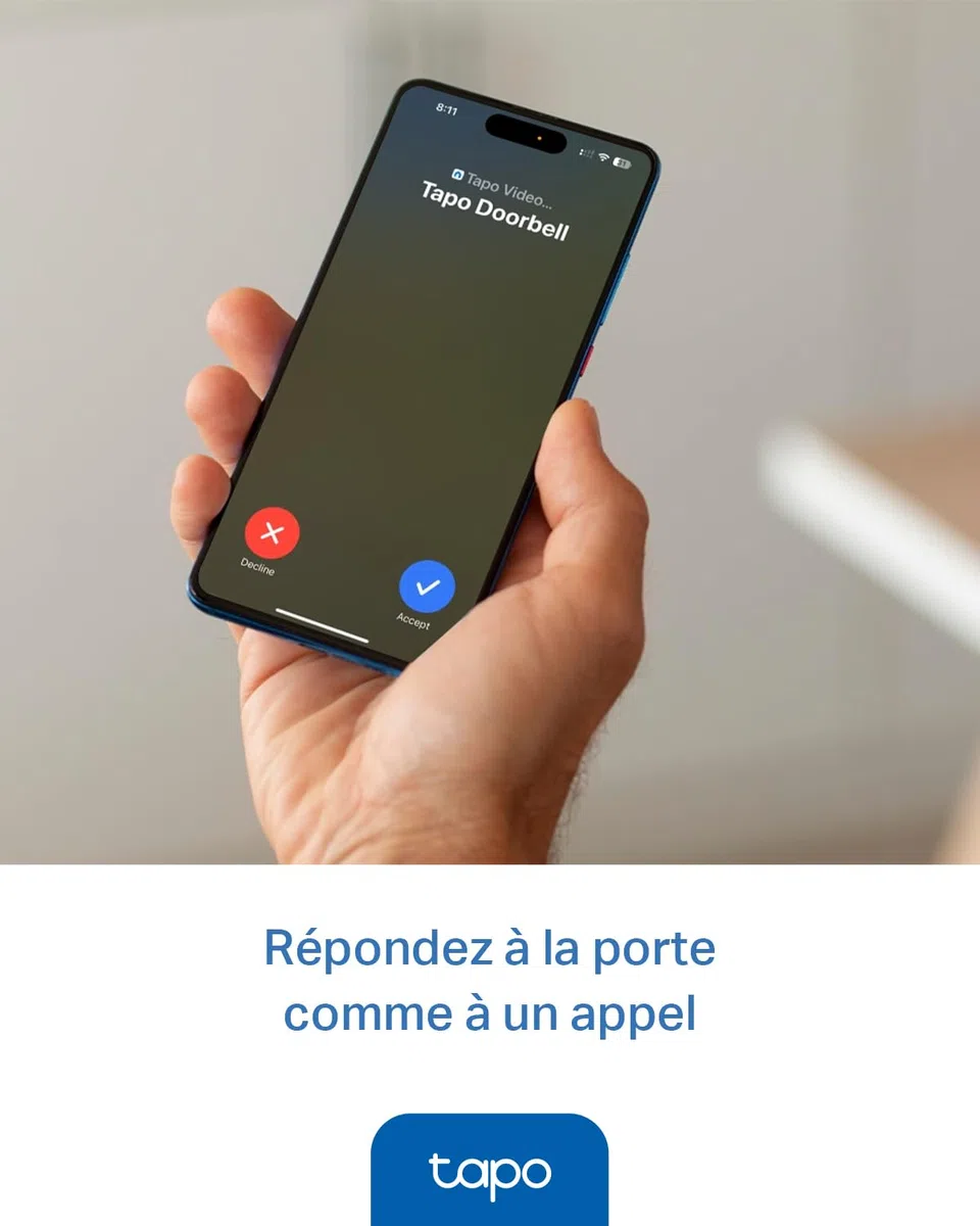 Tapo D205 Sonnette sans fil avec caméra extérieur 2K 3MP IP54 étanche Grand angle 160° Vision Nocturne Détection Humaine AI Audio Bidirectionnel autonomie 180j