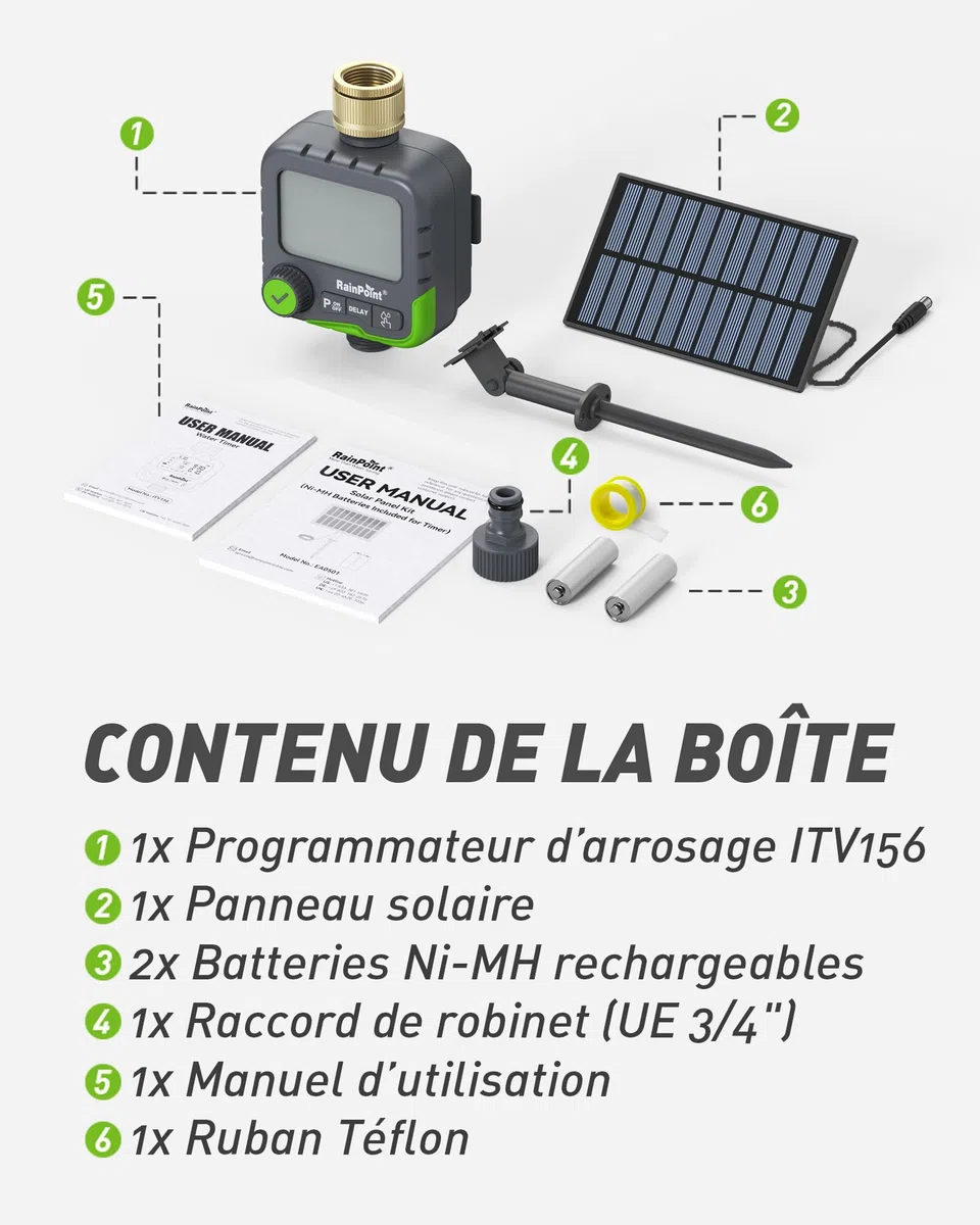 RAINPOINT ITV156 Kit d'arrosage solaire avec minuterie pour robinet de jardin, panneau solaire et 2 piles AA, 3 programmes indépendants