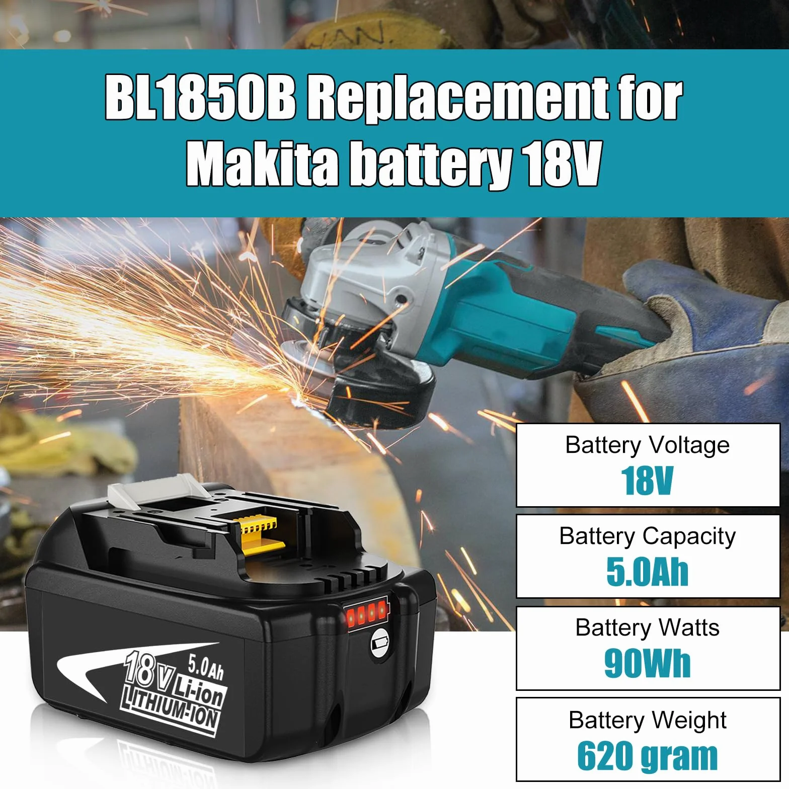 Makita 18V 5000mAh Batterie de Rechange BL1850B BL1860 avec LED