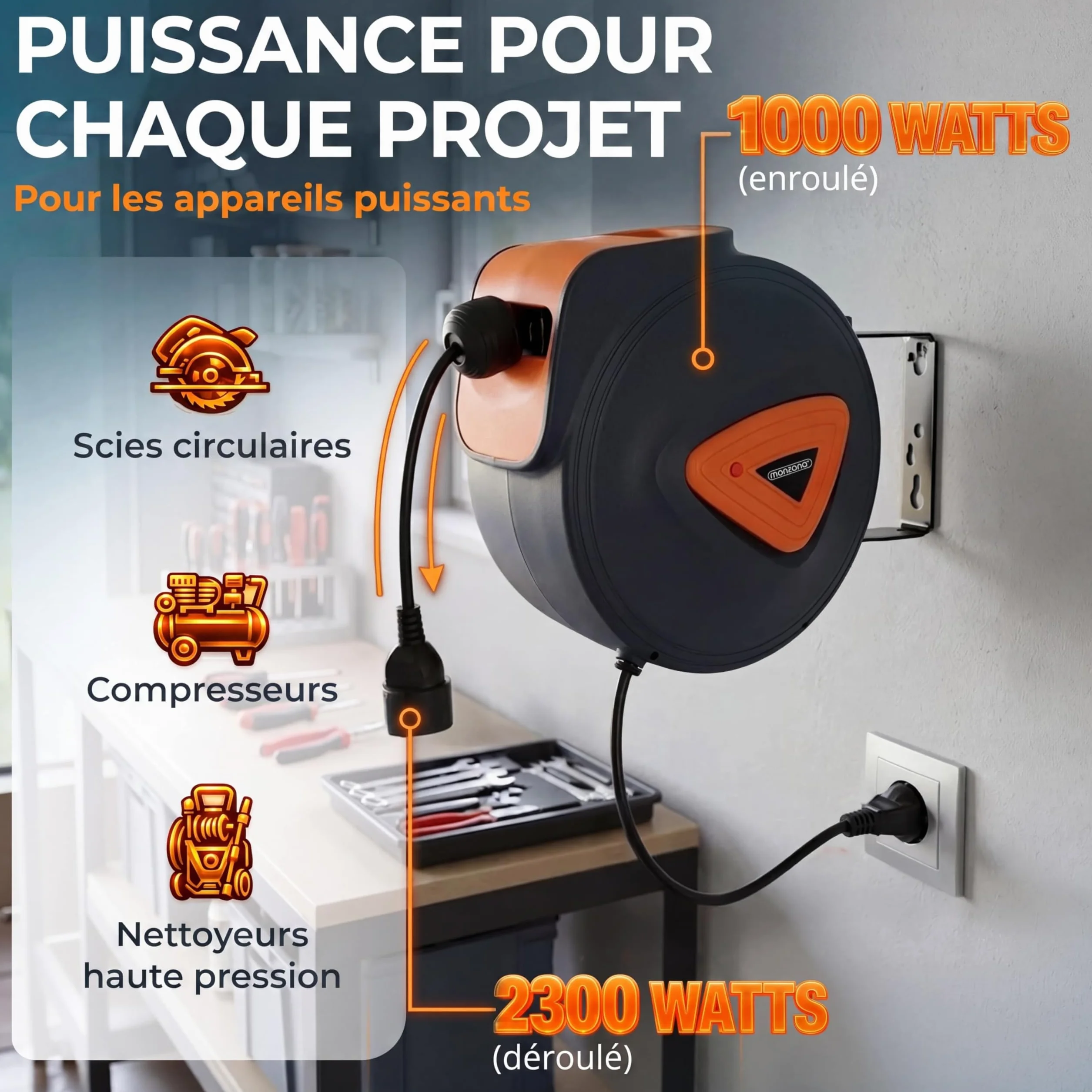 MONZANA Enrouleur Electrique Mural 20 M Support Pivotant 180° Automatique Compact
