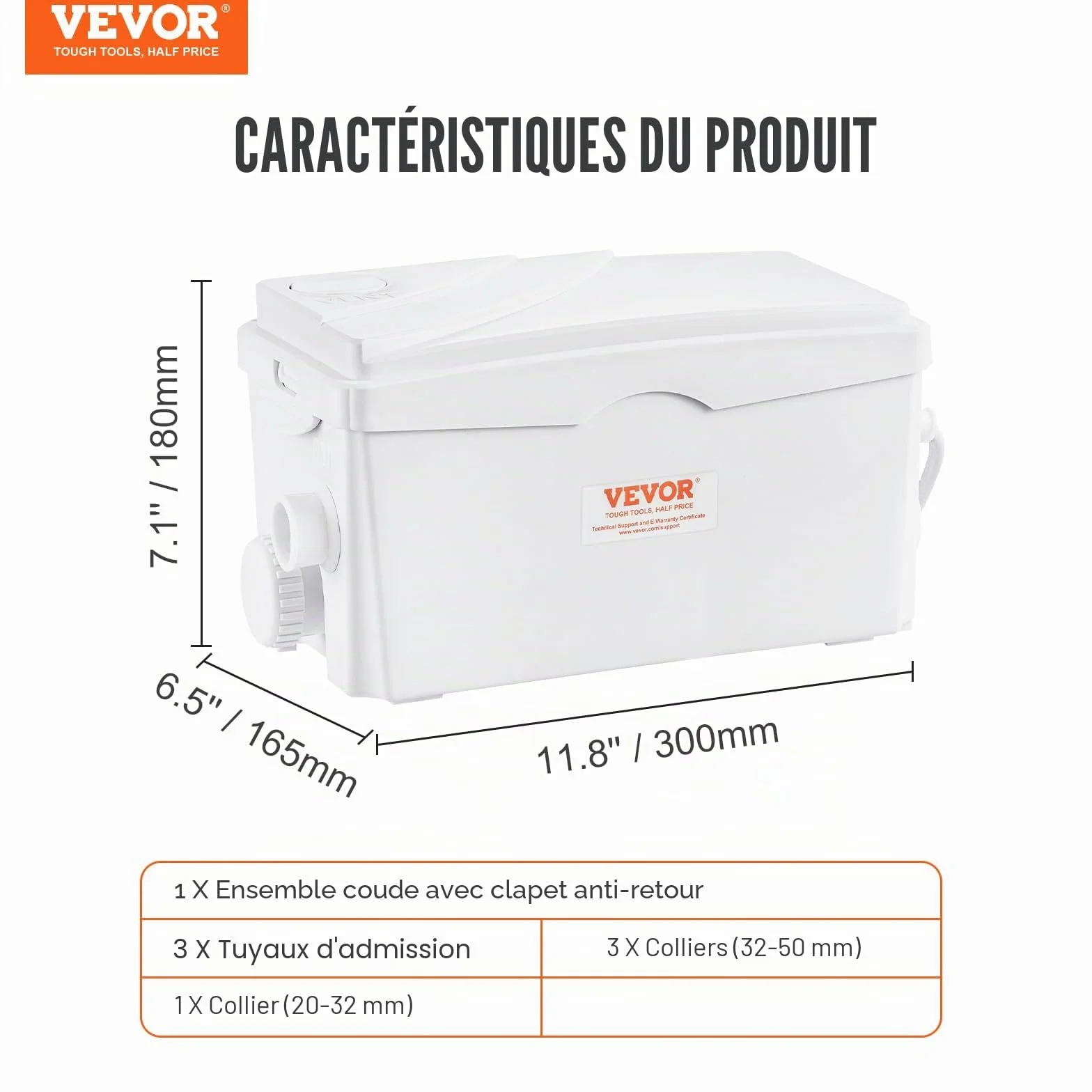 VEVOR Pompe de relevage eaux grises 350 W 6000 L/h 7 m 3 entrées d'eau