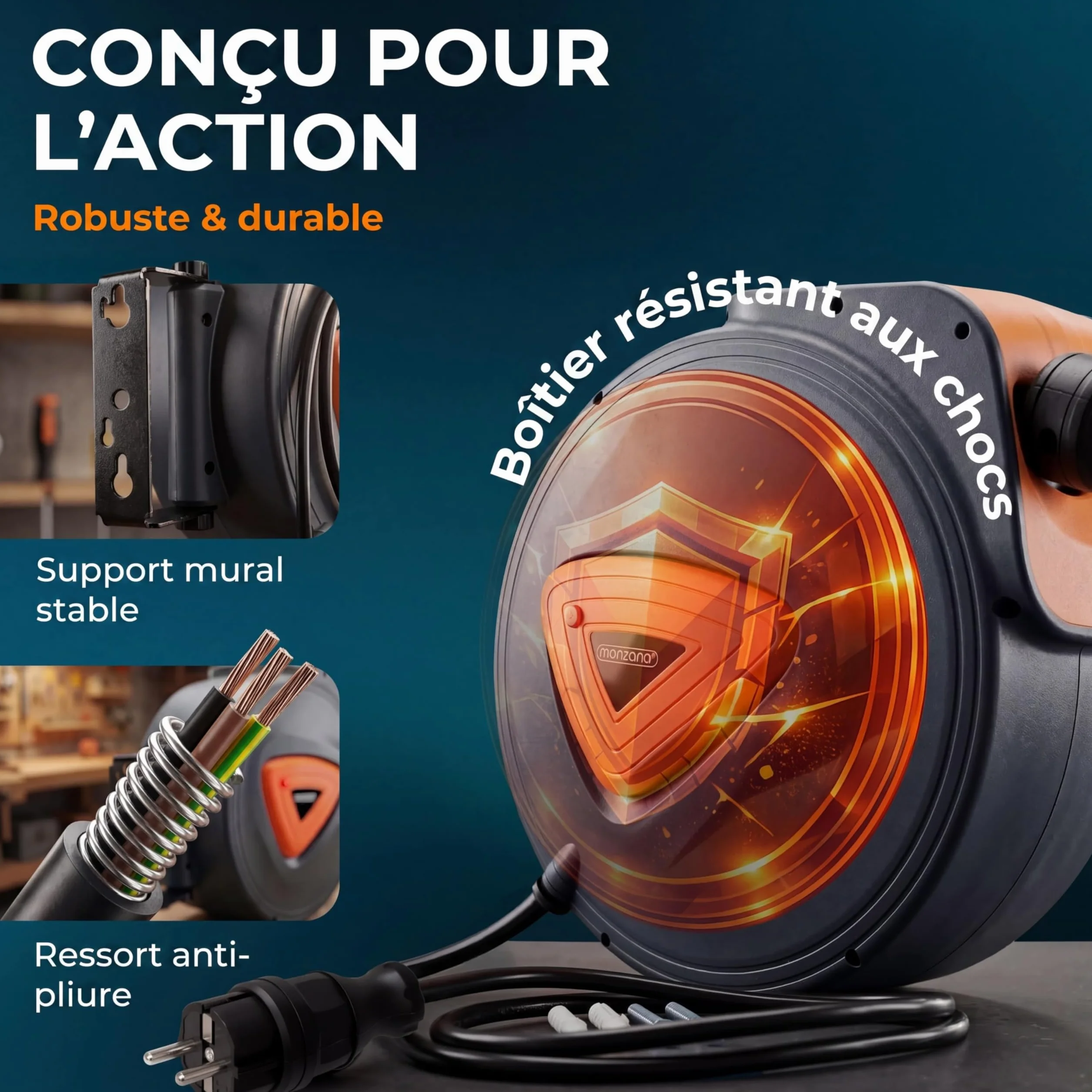MONZANA Enrouleur Electrique Mural 20 M Support Pivotant 180° Automatique Compact