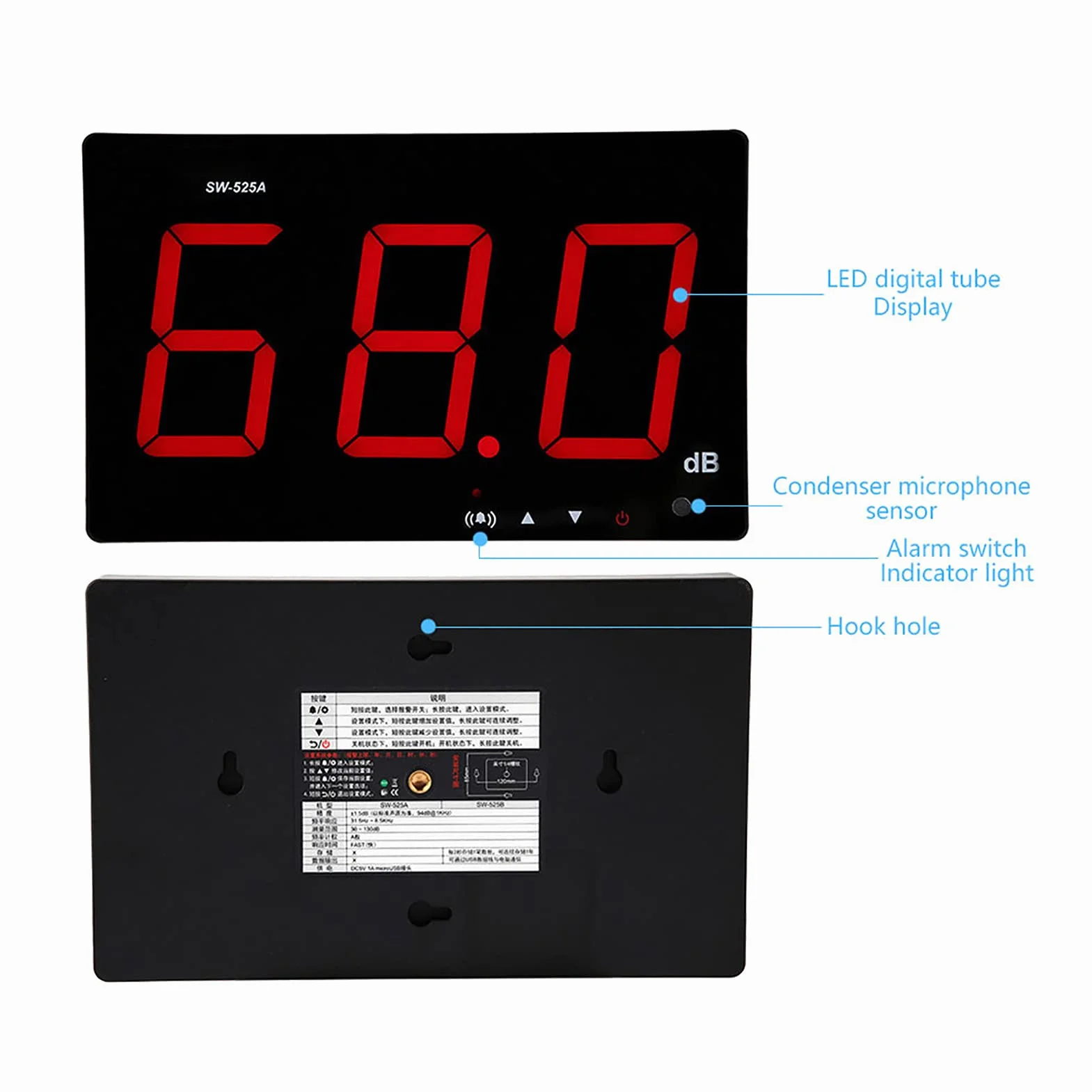 Compteur de Niveau Sonore Numérique SW-525A Mural 30dB-130dB DC5V Micro USB