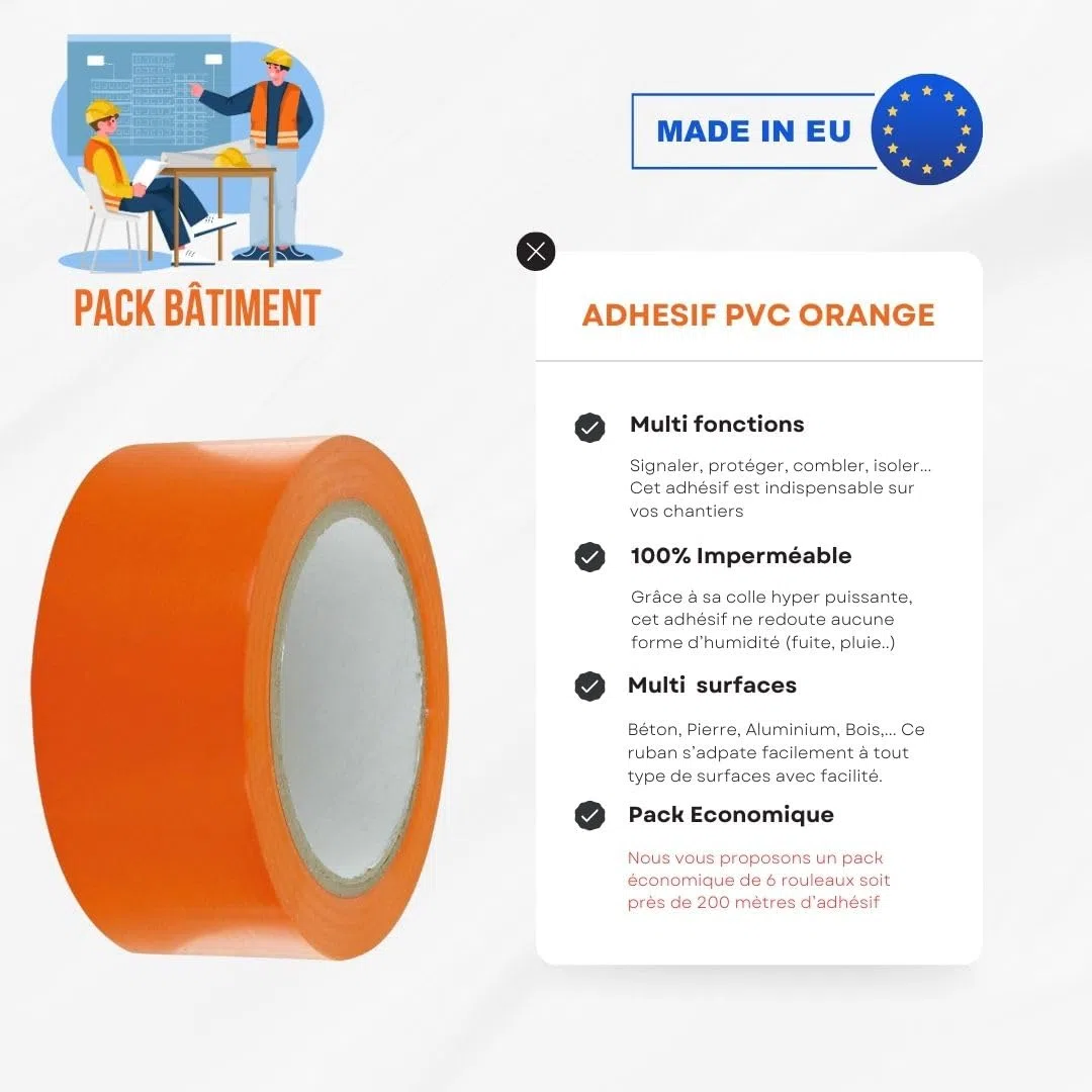 Scotchs Orange de Chantier PVC 6 Rouleaux Ruban Adhésif 0,50 cm x 33 m Ultra résistant 140 µ
