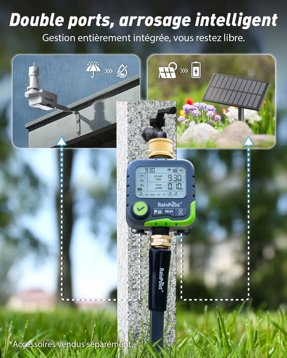 RAINPOINT ITV156 Kit d'arrosage solaire avec minuterie pour robinet de jardin, panneau solaire et 2 piles AA, 3 programmes indépendants