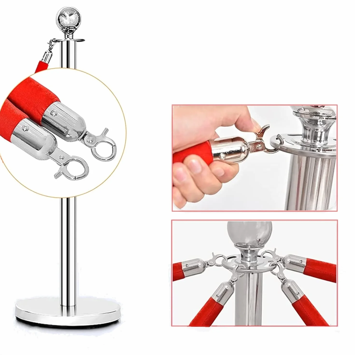 Poteaux de Guidage avec Corde en Velour Rouge 1,5 m, Barrière de Queue pour Contrôle de Foule, Base Creuse Argent