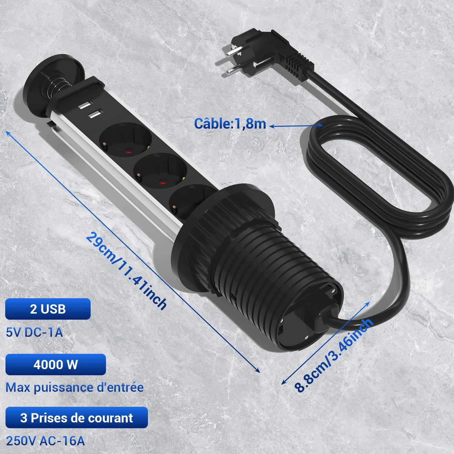 Multiprise Encastrable Bloc 3 Prises EU 2 USB Diamètre 60mm Câble 1,8m Prise Escamotable Noir