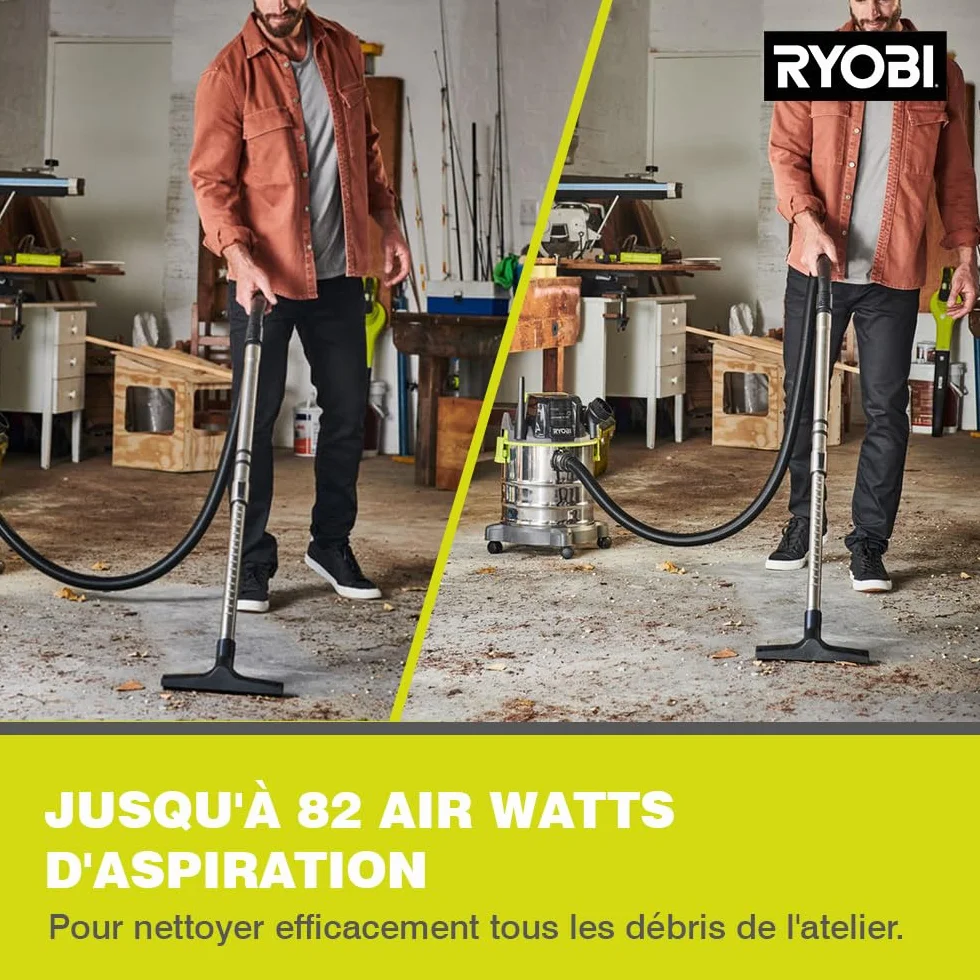 RYOBI Aspirateur Eau et Poussière sans Fil 18V One+ R18WDV-0 Cuve 11L Tuyau 1,8 m Accessoires Inclus