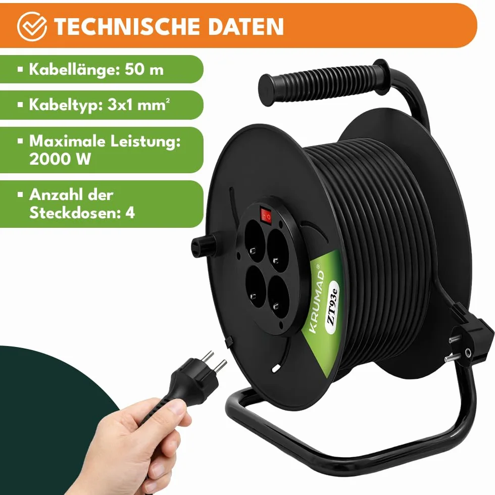 KRUMAD Enrouleur de câble 50 m 4 prises 3x1 mm² 2000 W 220 V extérieur