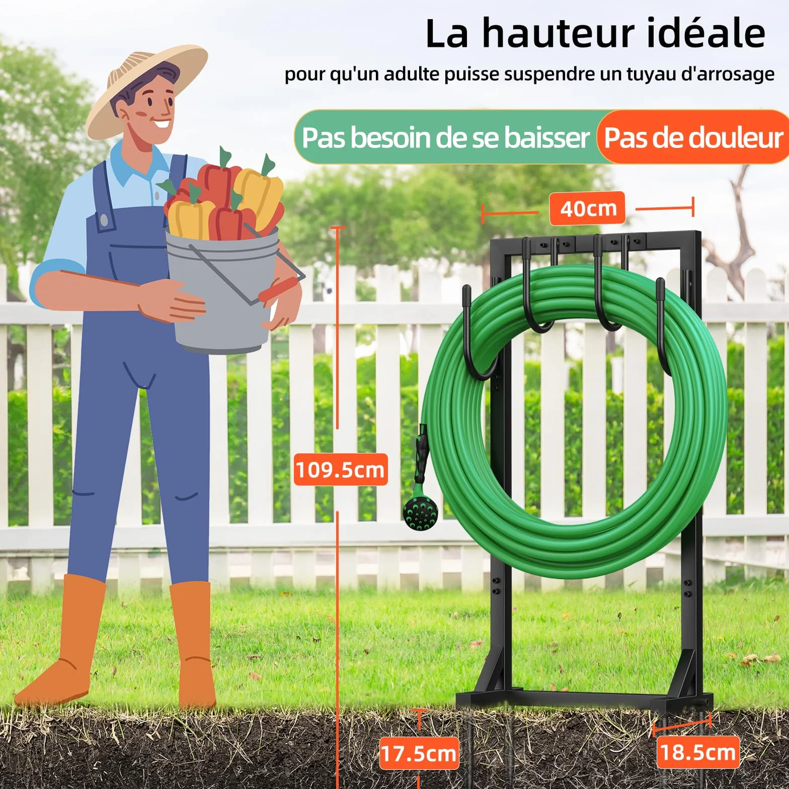 Support pour Tuyau d'arrosage 109,5 cm Enrouleur Métallique 45 mètres 4 Crochets Jardin